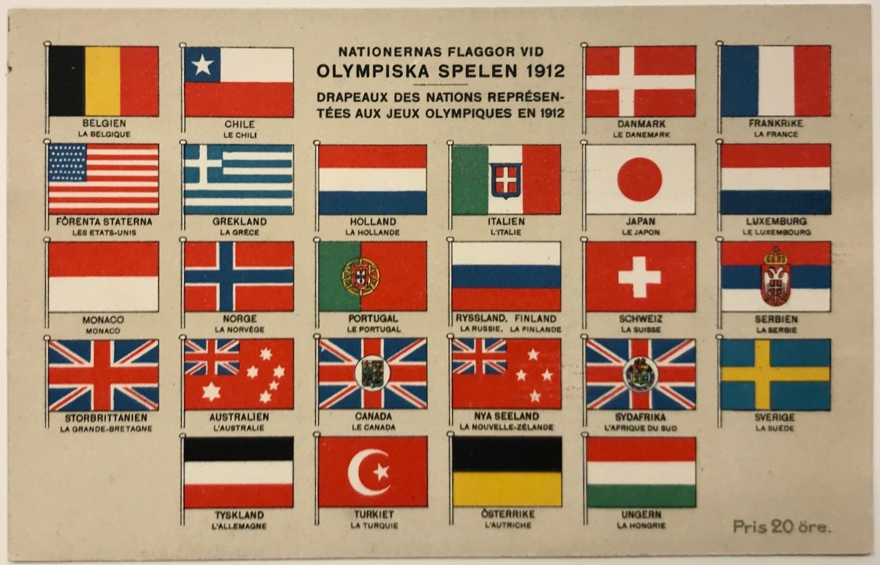 Vykort i färg med 26 nationers flaggor: Belgien, Chile, Danmark, Frankrike, Förenta staterna, Grekland, Holland, Italien, Japan, Luxemburg, Monaco, Norge, Portugal, Ryssland / Finland, Schweiz, Serbien, Storbritanninen, Australien, Kanada, Nya Zeeland, Sydafrika, Sverige, Tyskland, Turkiet, Österrike och Ungern.