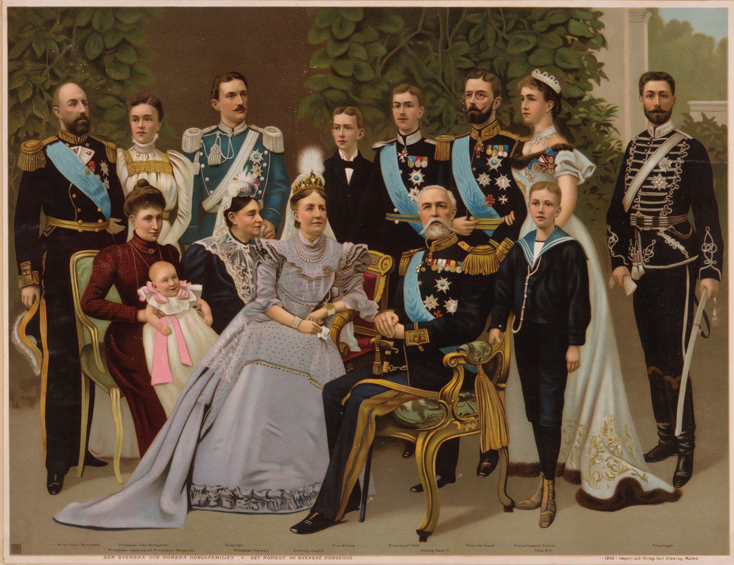 Tecknad bild i färg föreställande kungafamiljen, i centrum av bilden sitter Oskar II och drottning Sophia i varsin förgylld stol, bakom och bredvid dem står medlemmar ur kungafamiljen.