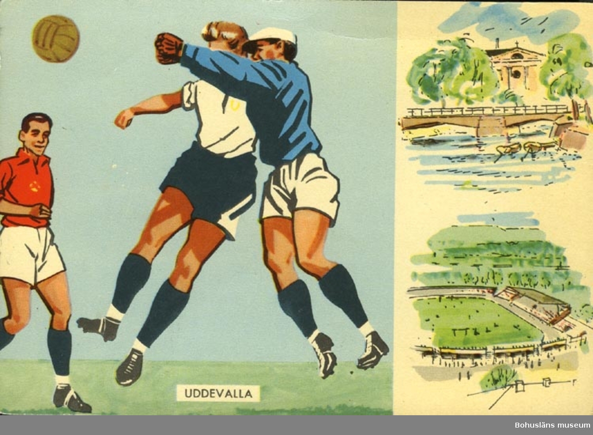 Vykort framtaget i samband med VM i fotboll i Sverige 1958. Uddevalla var en av VM-städerna och matchen Brasilien - Österrike spelades där