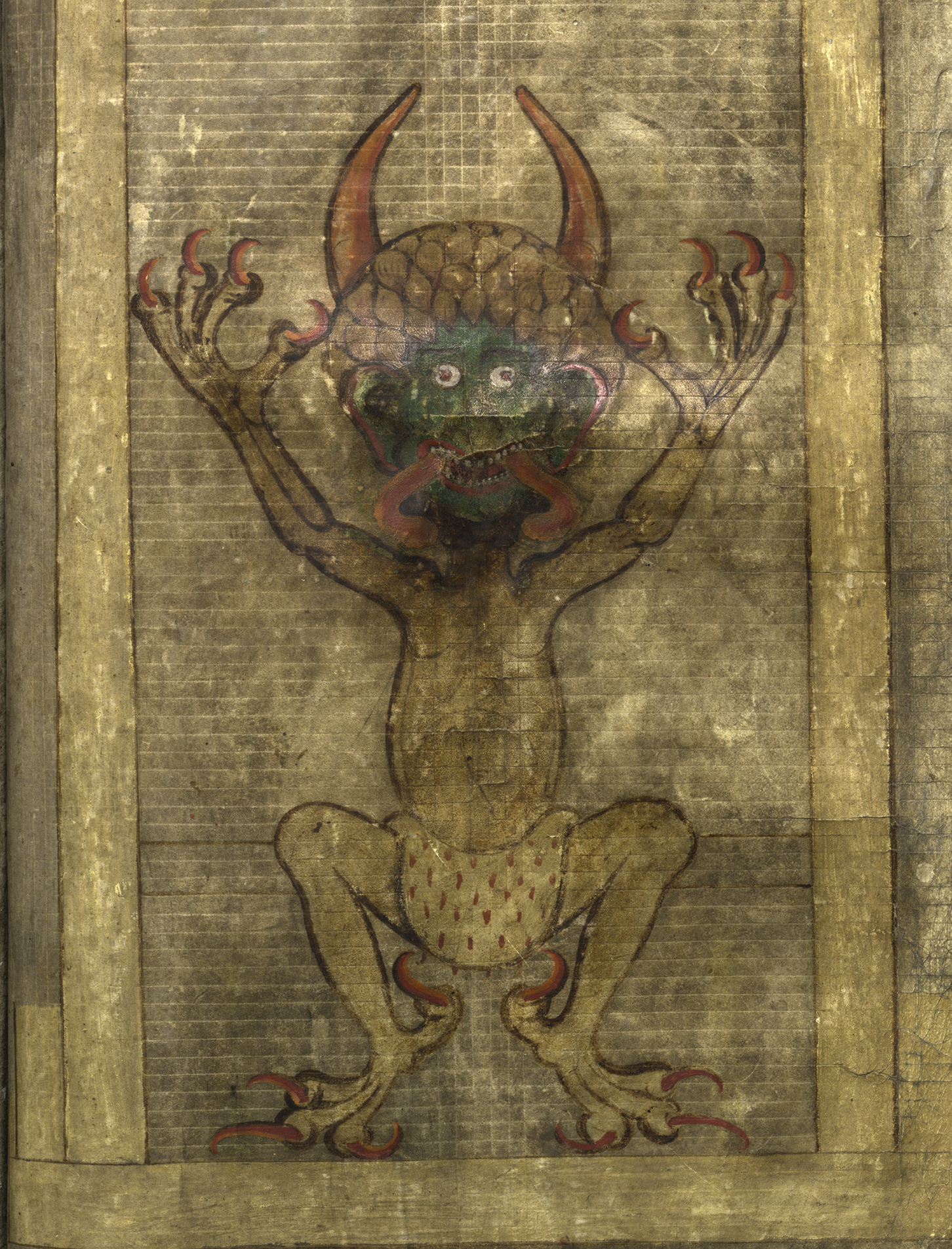 Målning på boksida i pergament av en djävul med röda klor och tungan utsträckt.