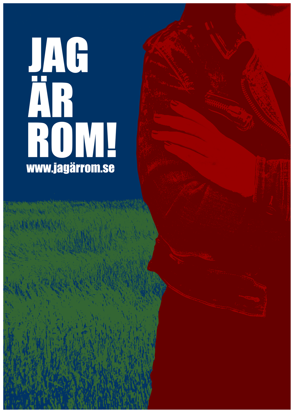 Röd silhuett av en person mot en blågrön bakgrund, till vänster texten "Jag är rom" och adressen till kampanjens hemsida.