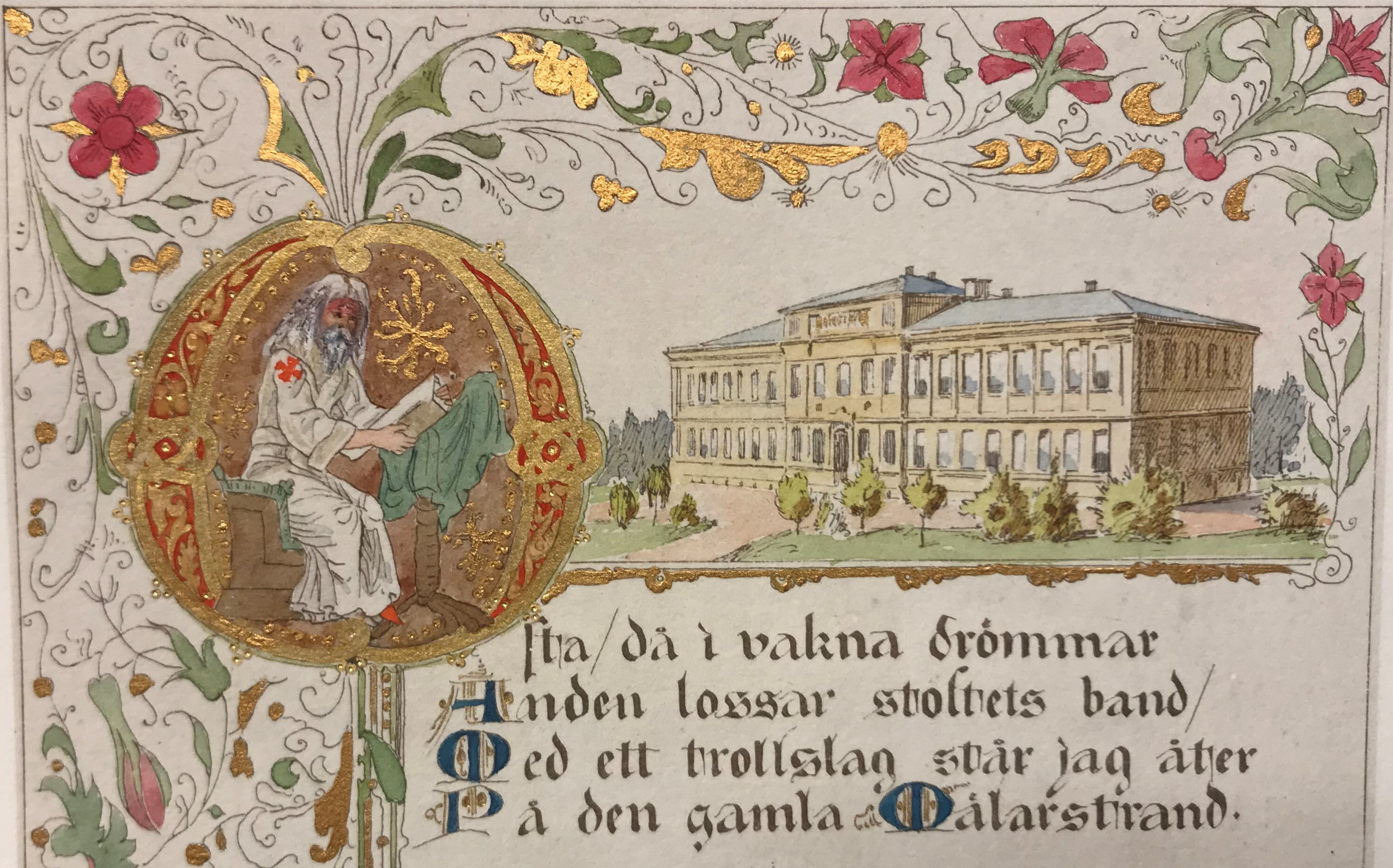 Tecknad bild i färg av en långhårig skäggig man klädd som en munk sittande vid en pulpet intill en tecknad bild av KB ovanför en vers i kalligrafi. Bladet är dekorerat med blomstergirlander och bladguld. 