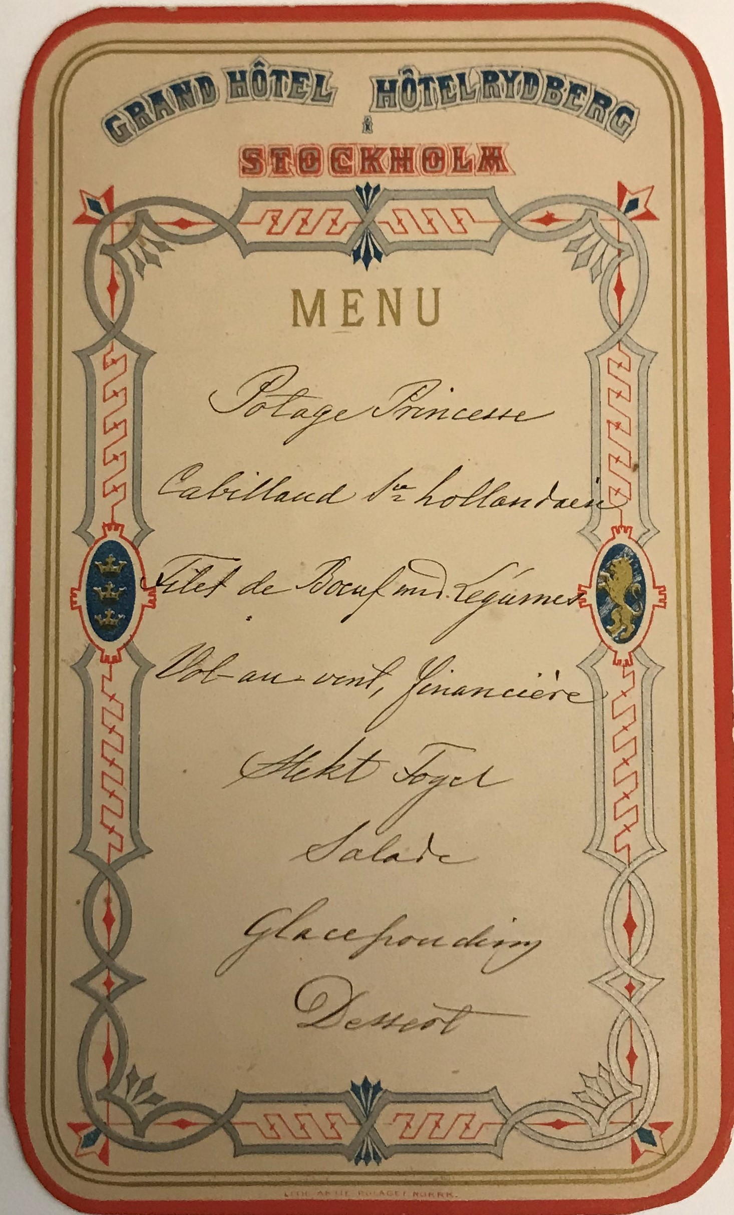 Handskriven åtta rätters-meny på ett tryckt ark med dekorativa girlander och rubriken "Grand hotell, Hotel Rydberg, Stockholm" 