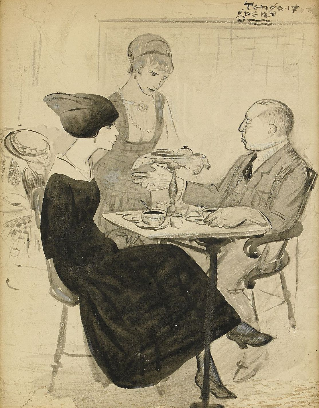 Teckning av man och kvinna på café. En servitris står vid bordet med ett fat. 
