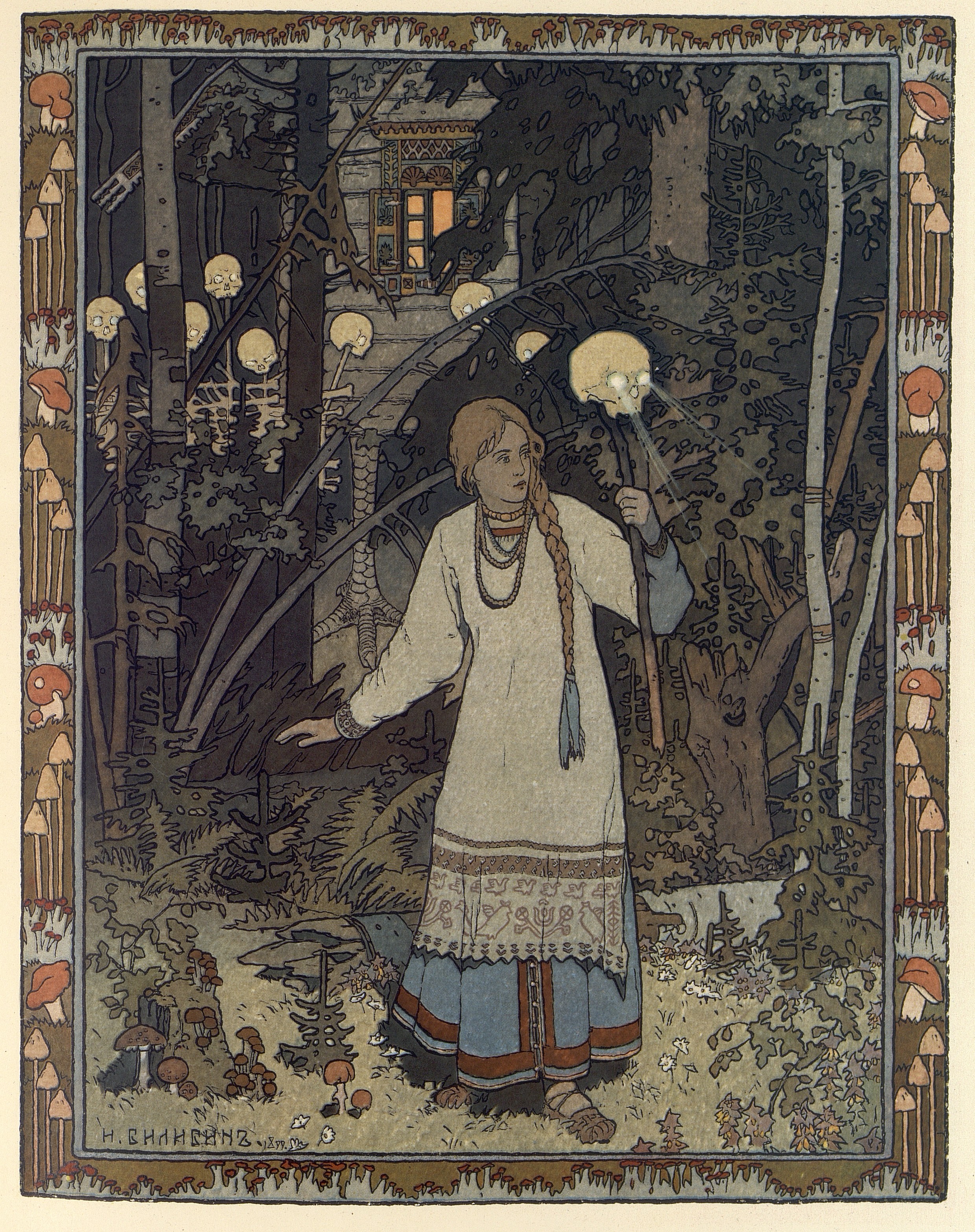 Ung kvinna med lysande dödskalle i handen, i mörk skog framför ett hus som står på kycklingfötter.