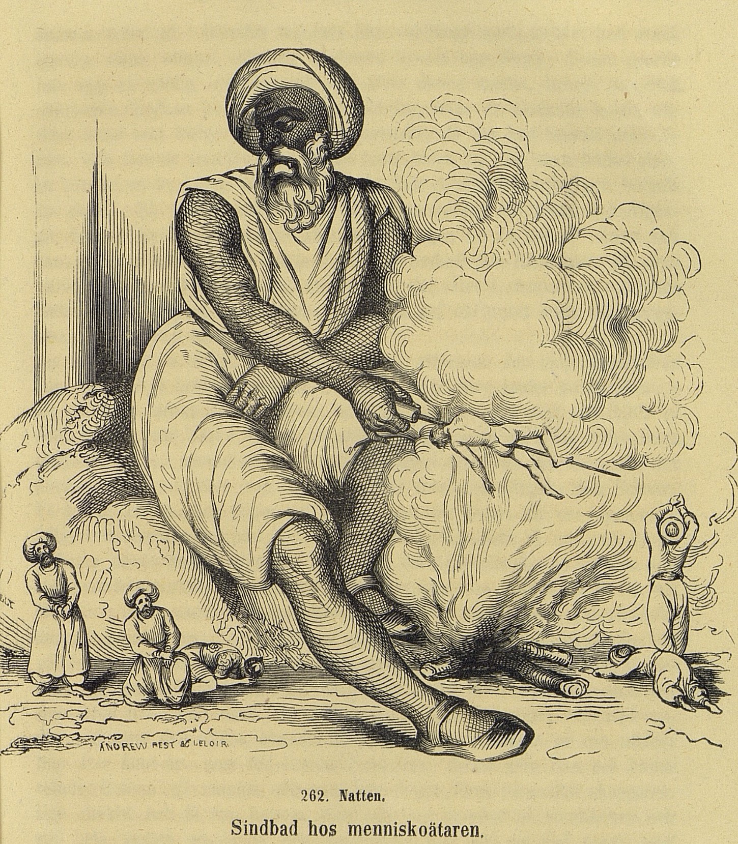 En enögd jätte med turban grillar kaptenen på ett spett över elden. Fem människor i turban vädjar förtvivlat till jätten.