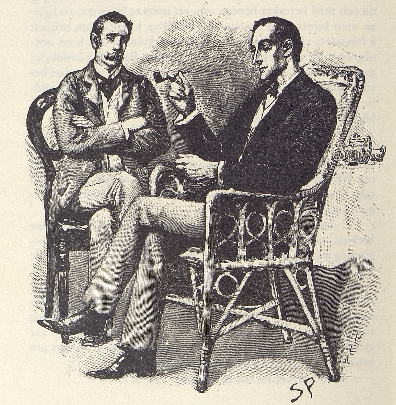 Dr. Watson till vänster och Sherlock Holmes till höger, sittandes i varsin stol. Holmes har en rakskaftad pipa i sin högra hand.