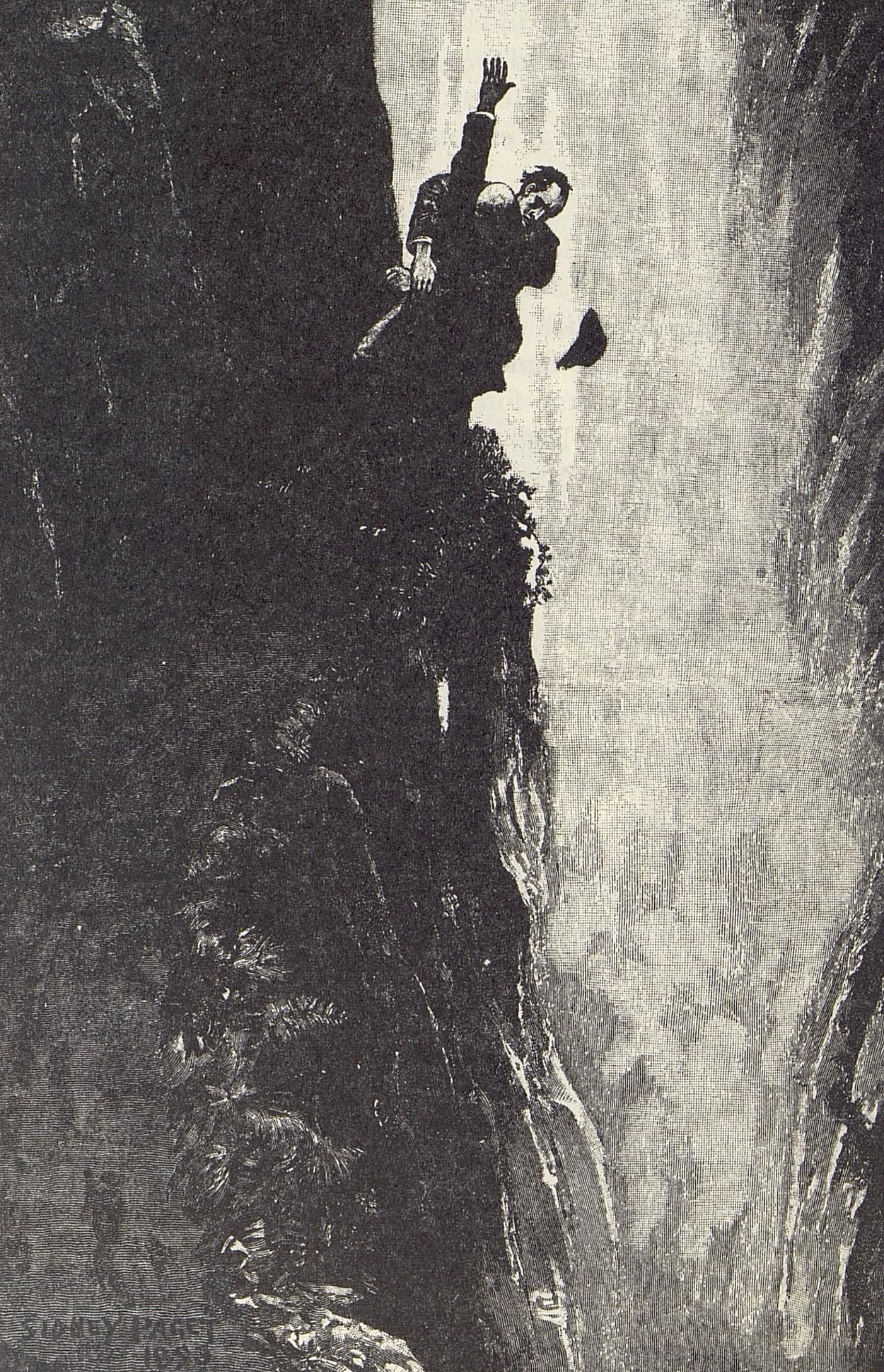 Två personer inbegripna i en kamp på liv och död vid Reichenbachfallen. Båda är just på väg att falla ner från klippavsatsen, fastklamrade vid varandra.