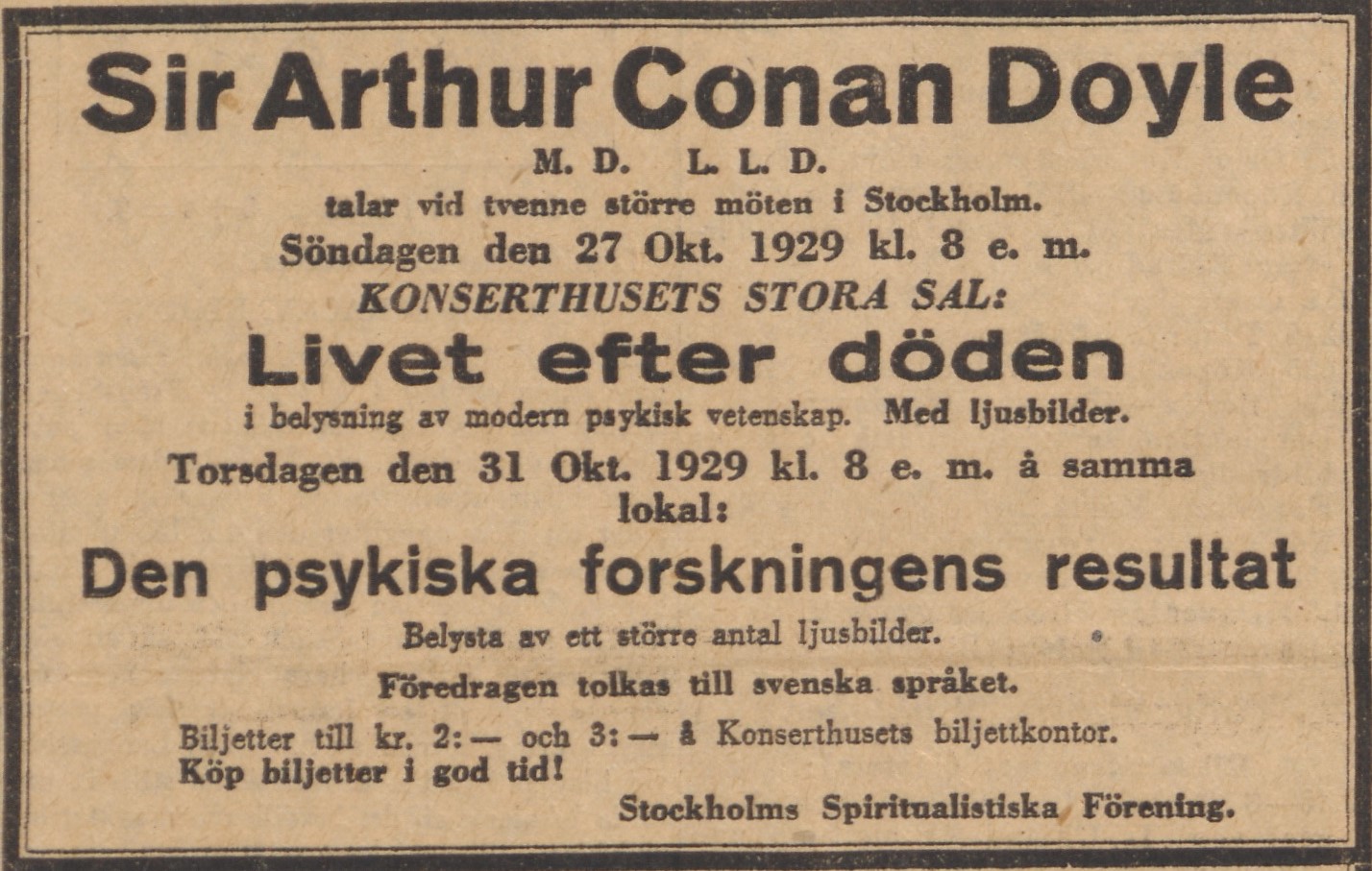 Annons i Aftonbladet om Doyles föreläsningar i Konserthuset.