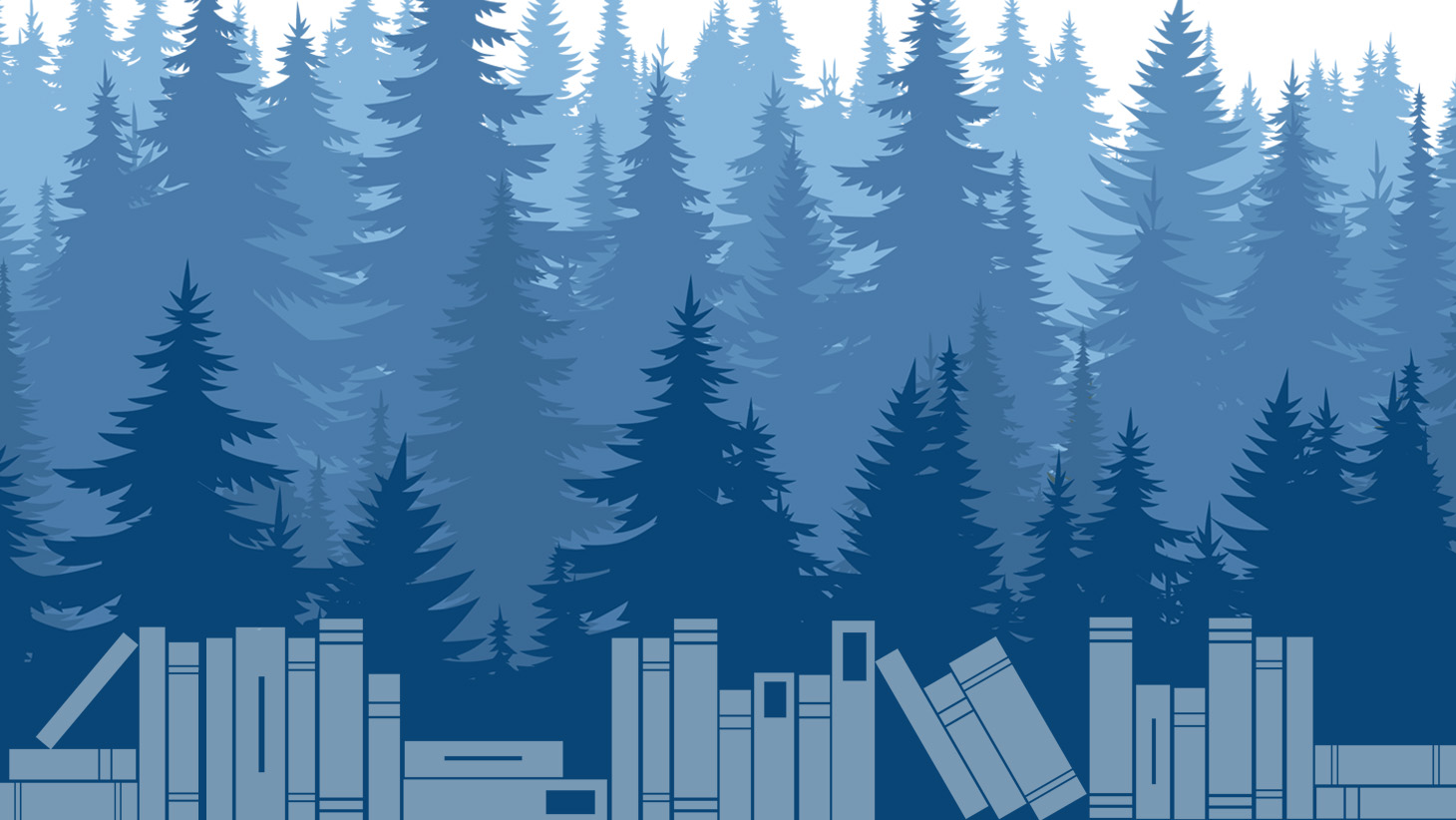 Blå illustration av en skog, med en bokhylla i förgrunden.