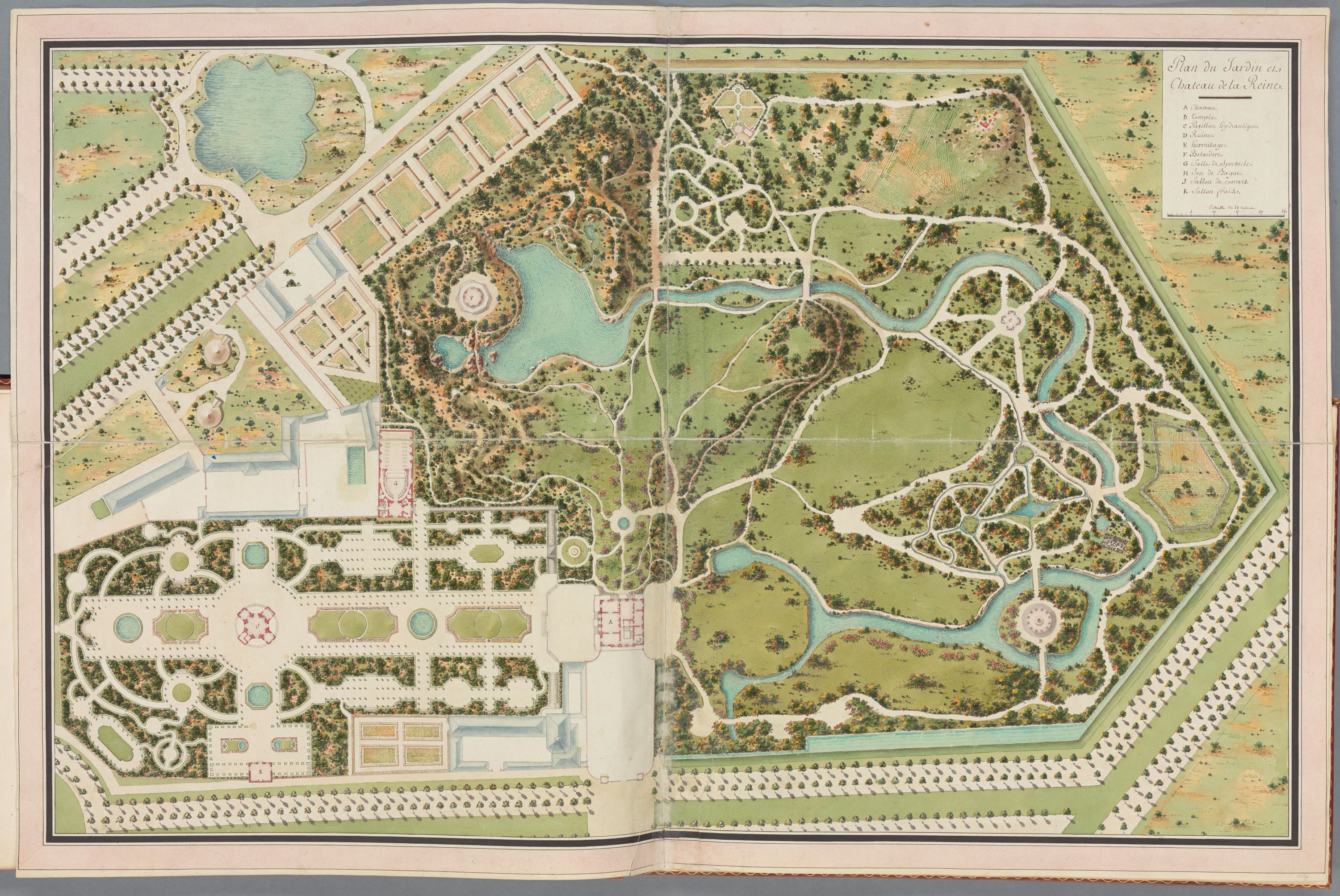 Planritning i akvarell över en stor oregelbunden park omgiven av raka alléer.