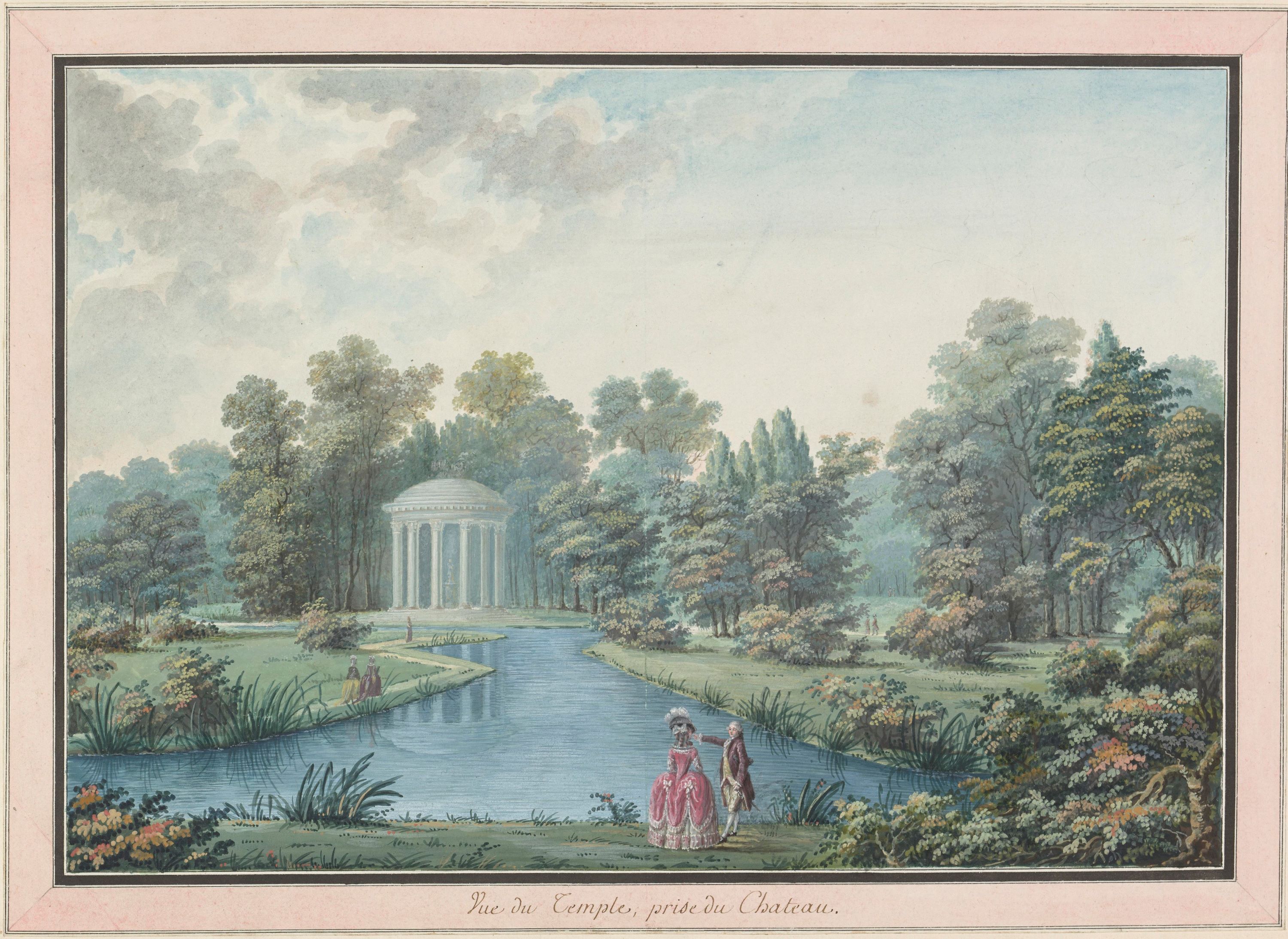 Målad bild som föreställer en park med gräsmattor, träd, buskar och gångstigar omkring ett vattendrag. I förgrunden står ett par i 1700-talskläder och peruker, längre bort syns ett runt tempel med höga pelare.