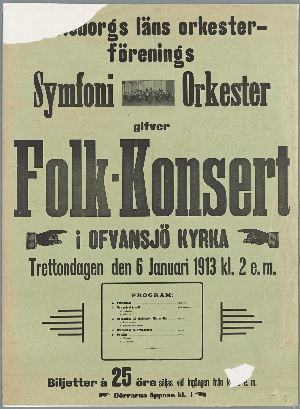Folk-konsert i Ofvansjö kyrka. Gäfleborgs läns orkesterförenings symfoniorkester, 1913. Foto: Jens Östman, KB.