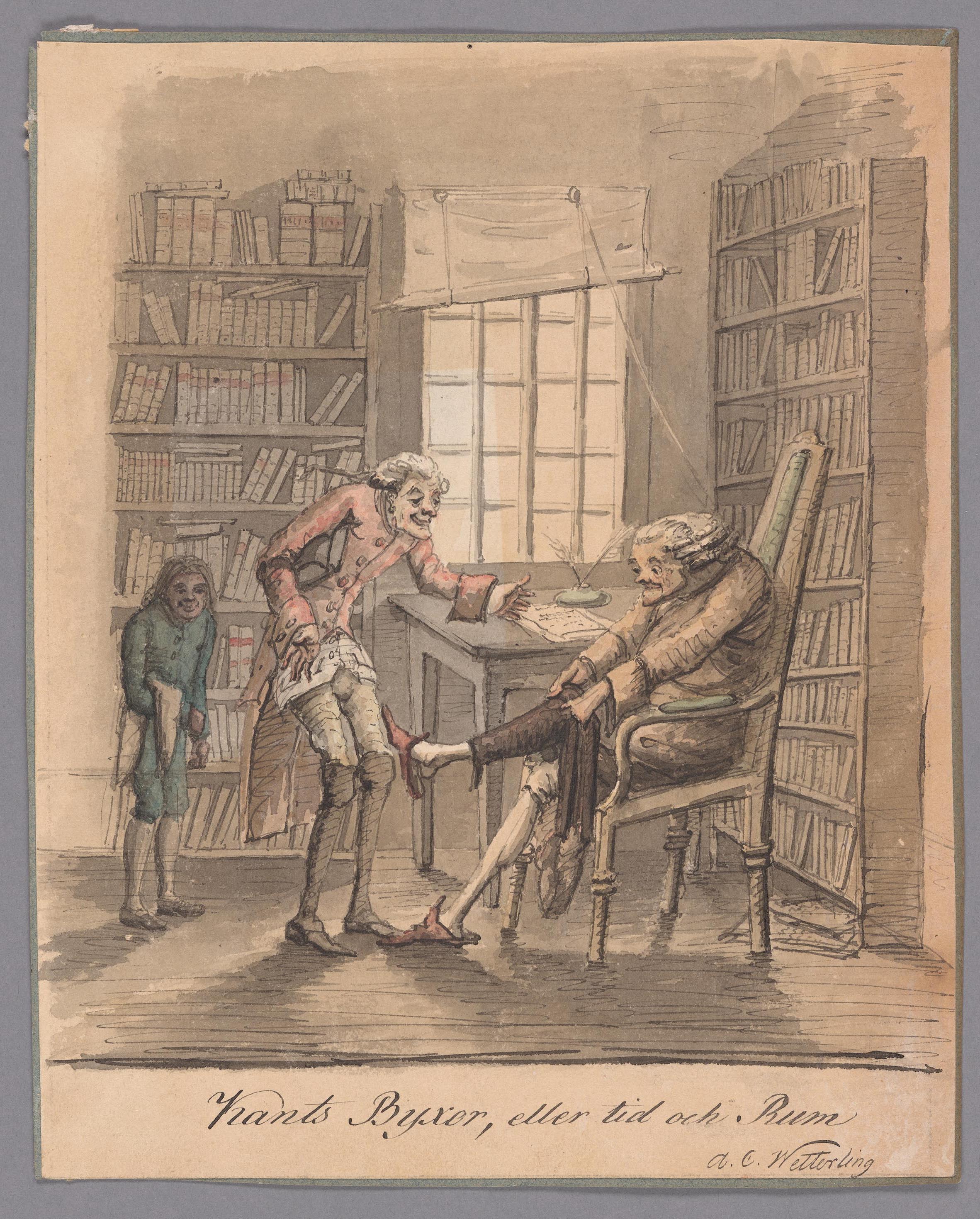 Kant försöker dra på sig sina byxor, sittande i en stol i sitt bibliotek. Två tjänare står bredvid och ger goda råd.