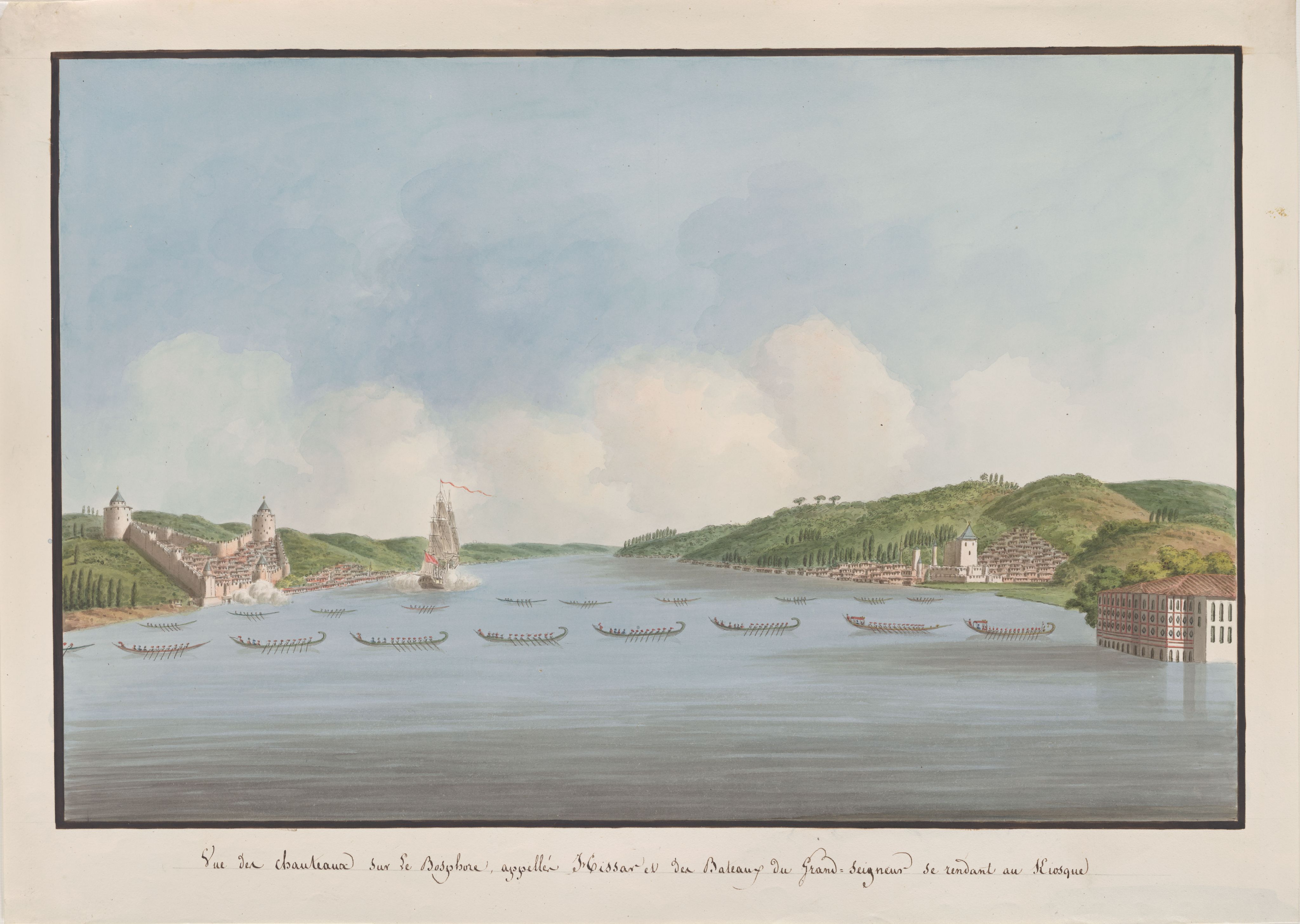 Akvarell som visar Bosporen, med båtar och kastell.