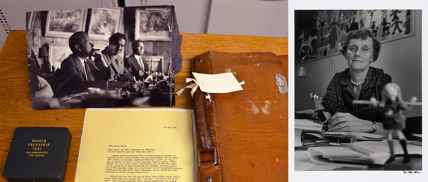Till vänster: en bild från delar av Dag Hammarkjölds personarkiv: ett foto, ett brev, en läderportfölj och en ask till Nobels fredspris. Till höger: ett svartvitt porträtt av Astrid Lindgren vid sitt skrivbord.