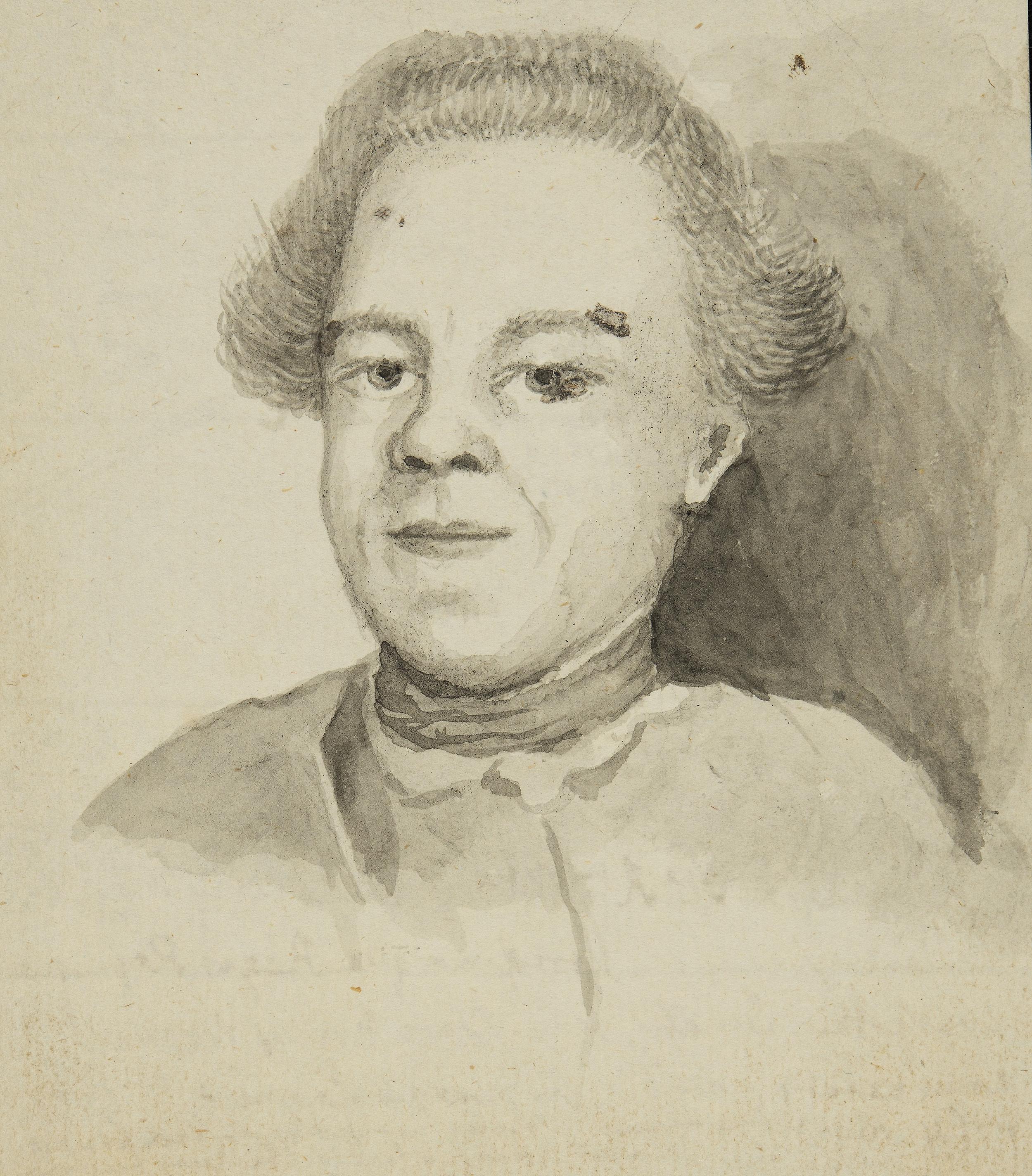 Akvarell i gråtoner som föreställer en ung man med hög panna.