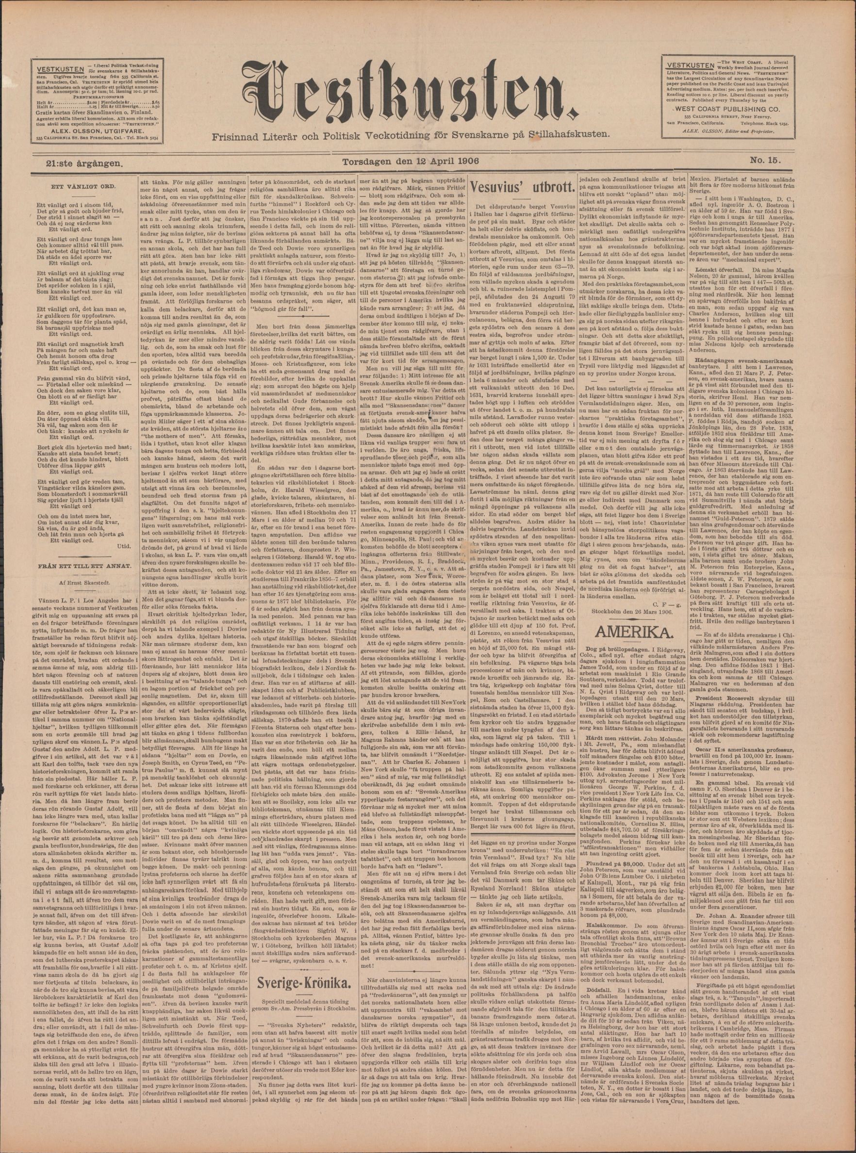 Tidningen Vestkustens framsida den 12 april 1906.