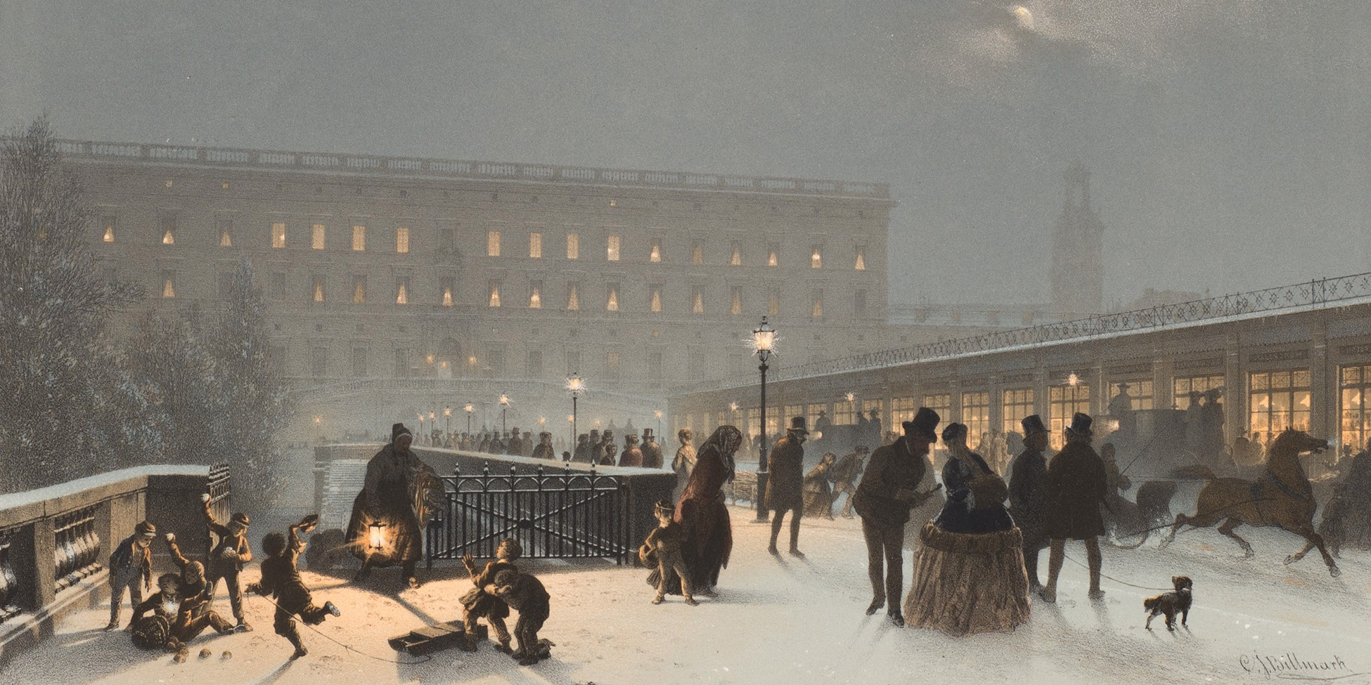 En illustration av en snötäckt stadsgata befolkad av finklädda människor en kväll.