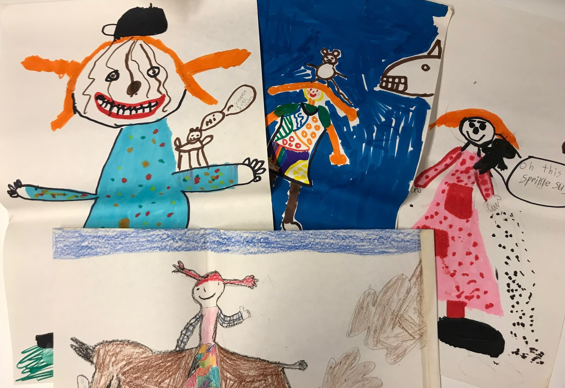 Fyra färgglada teckningar där barn ritat Pippi Långstrump, sittande på sin häst eller med sin apa på axeln.