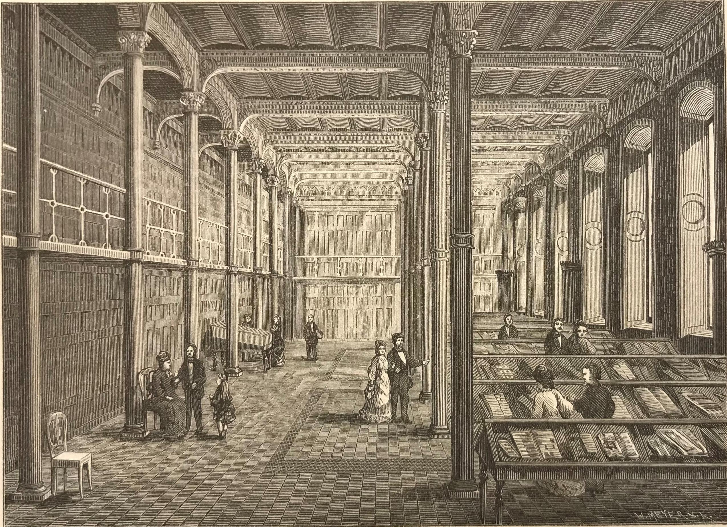 Svartvit tecknad bild av ett stort rum med höga pelare och stora fönster, där människor i 1800-talskläder tittar på böcker som ligger i långa glasmontrar.