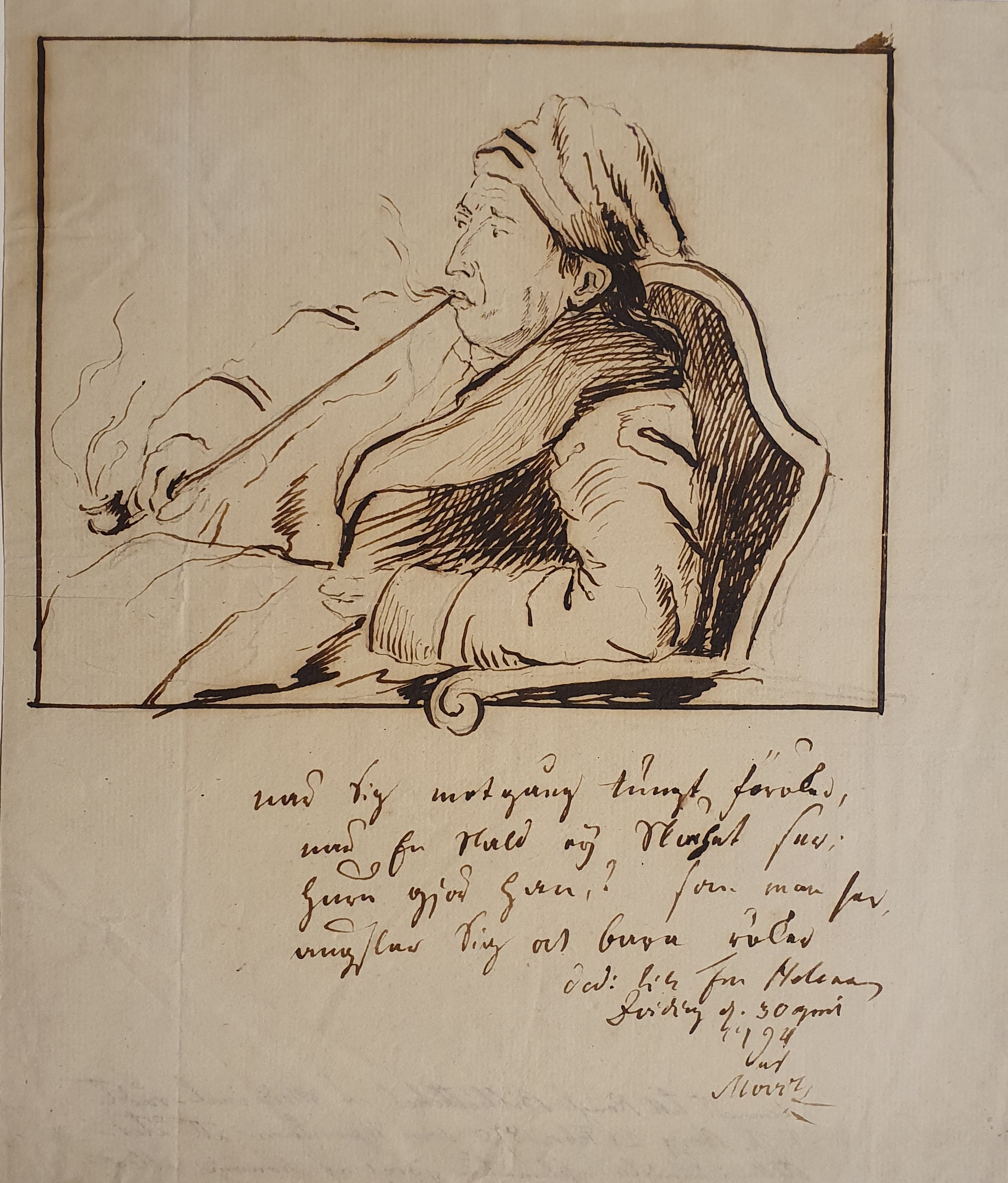 Svartvit blyertsteckning av en man som sitter och röker en lång pipa iförd en mössa.