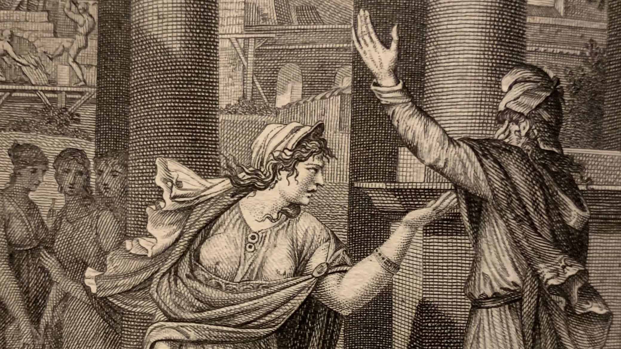 Teckning av en kvinna i antika kläder som lutar sig mot en man, med arg uppsyn.