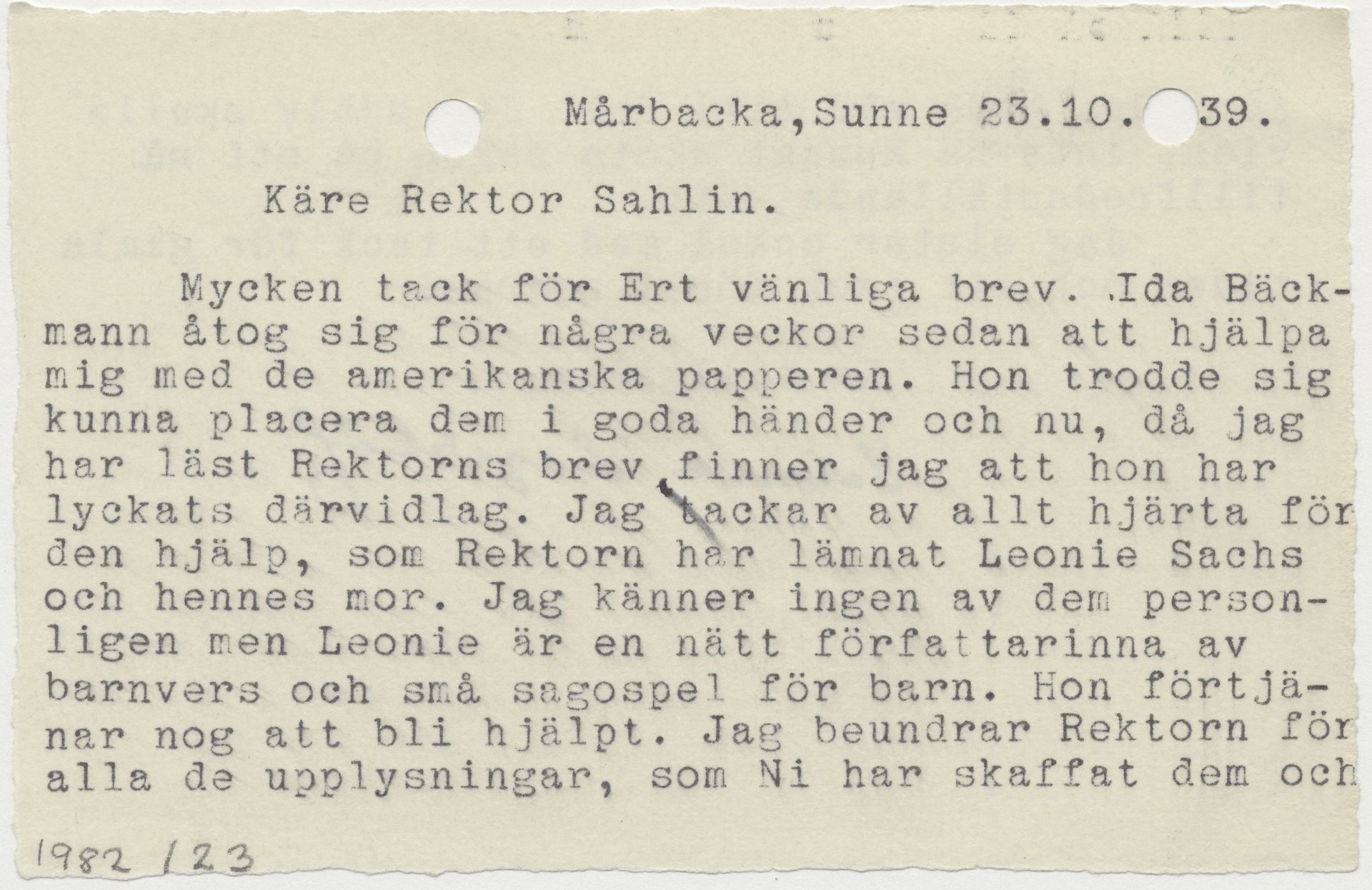 Maskinskrivet brev från Selma Lagerlöf daterat "Mårbacka 1939"