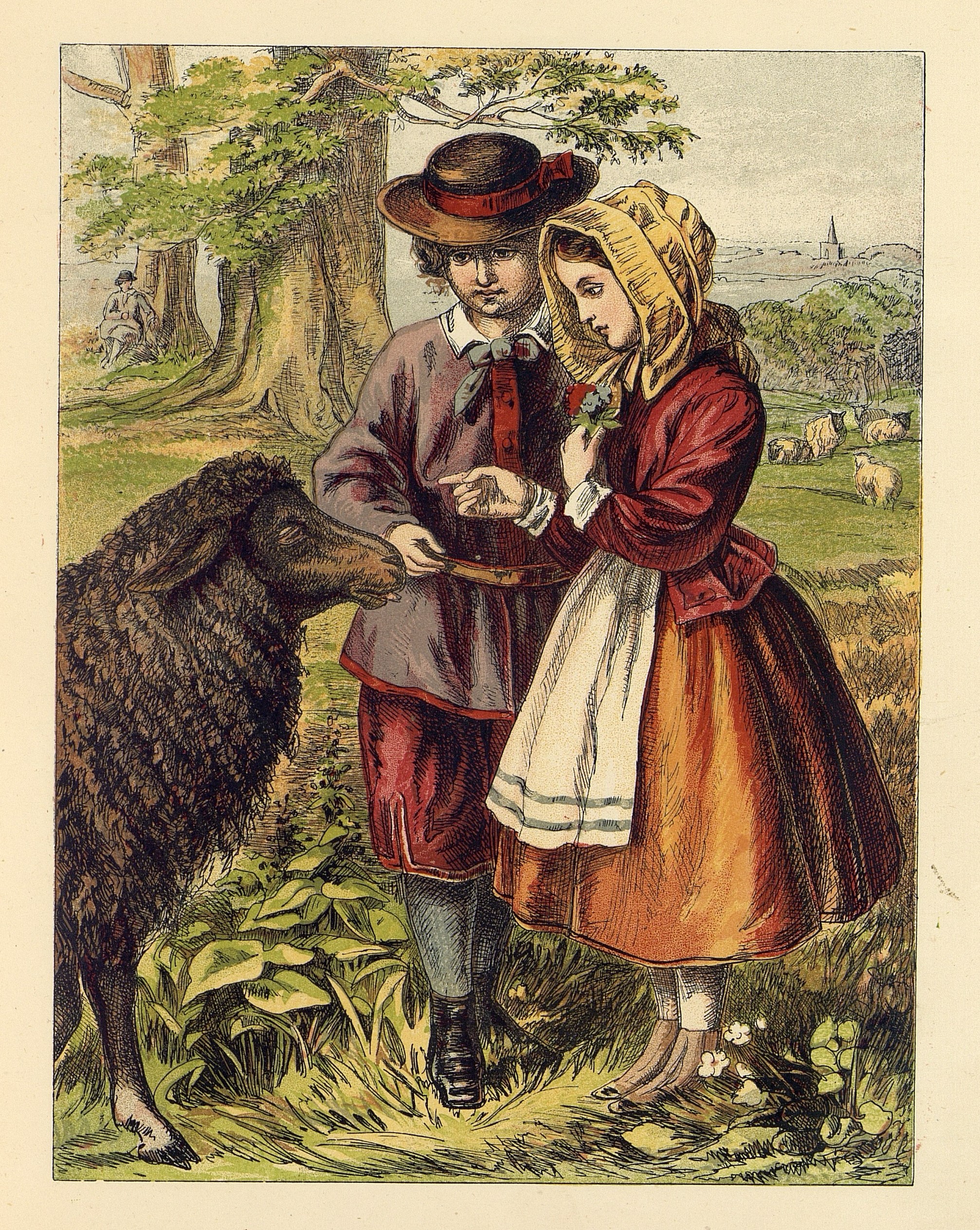 Färgillustration på en pojke och flicka som tittar på ett svart får.