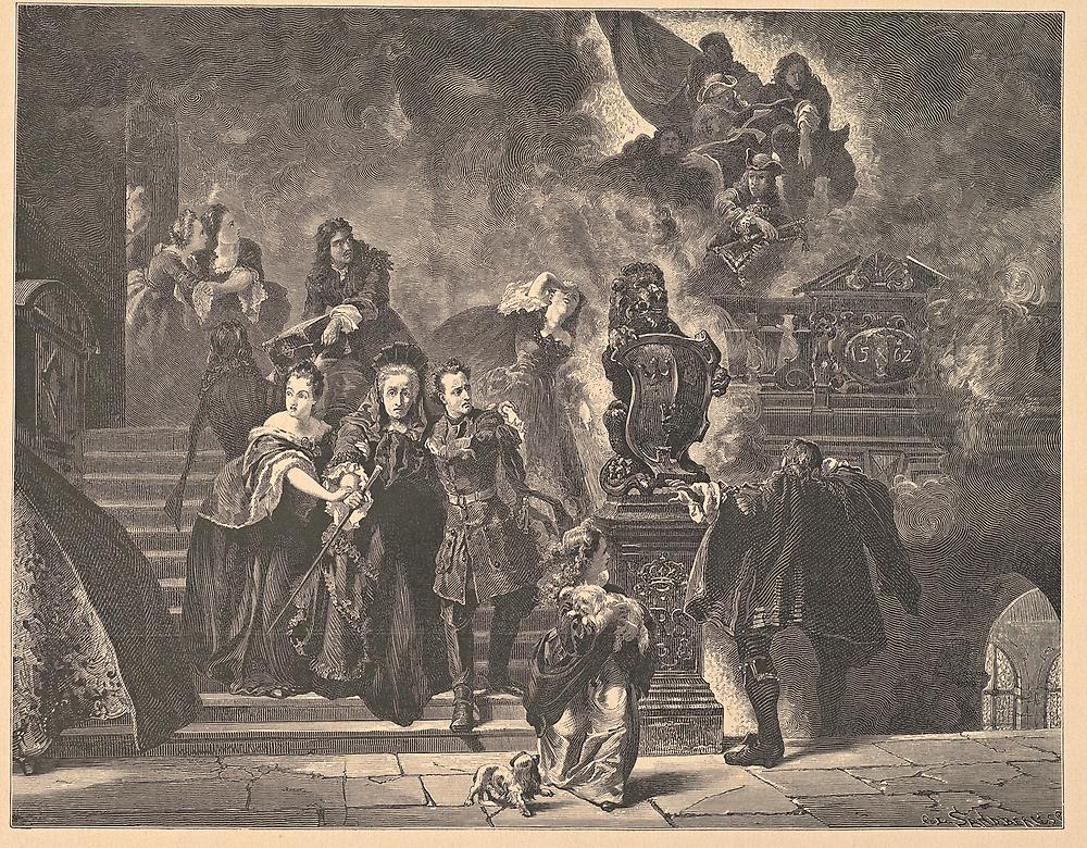 Dramatisk bild som visar hur kungafamiljen flyr undan branden. Trägravyr efter Höckerts målning från 1860-talet.