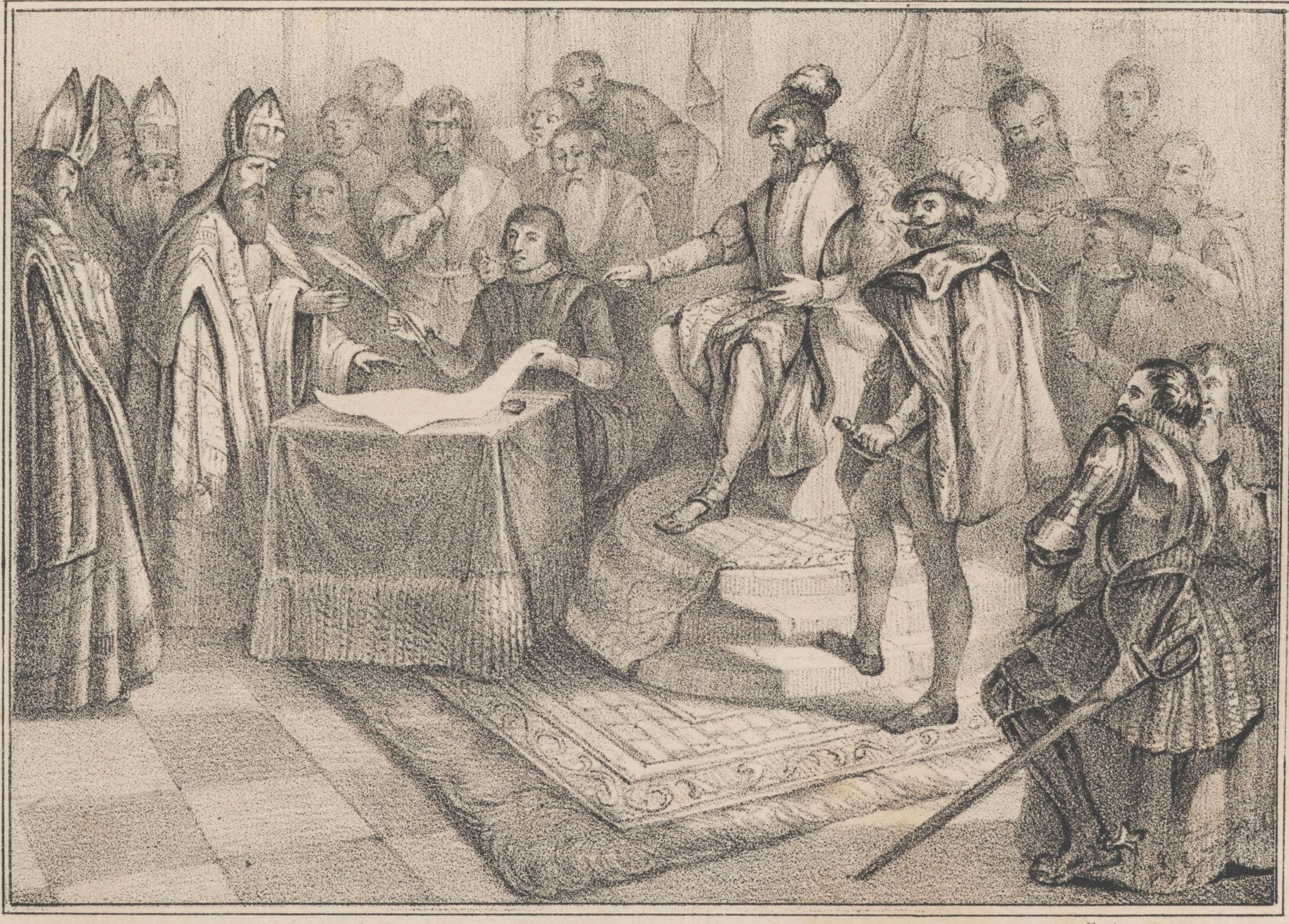 En man sitter vid ett bord och håller i ett långt papper och en gåspenna, runt honom står en stor grupp män varav flera biskopar. På ett podium bredvid sitter Gustav Vasa, vars hand vilar på den skrivande mannens axel.