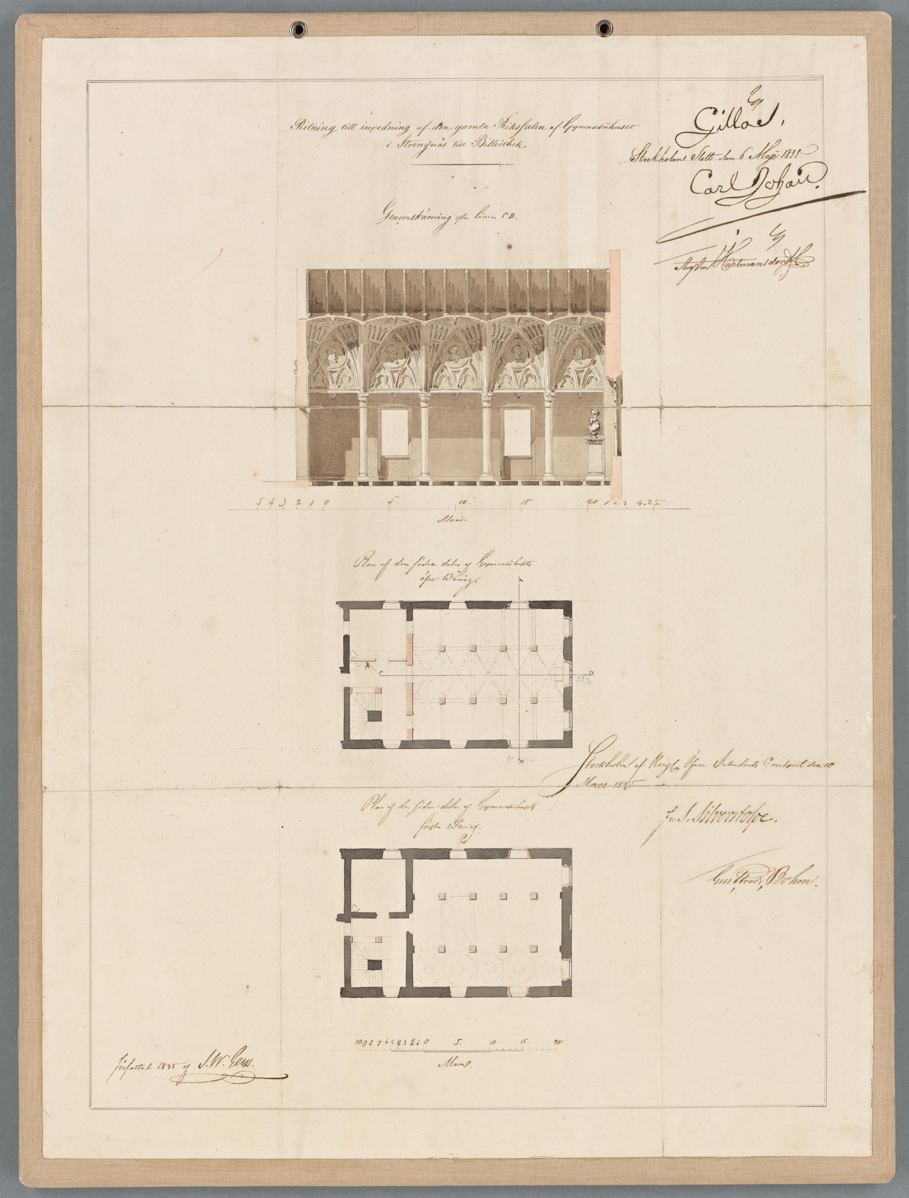 Ritning från 1835 föreställande Rikssalen i Roggeborgen.