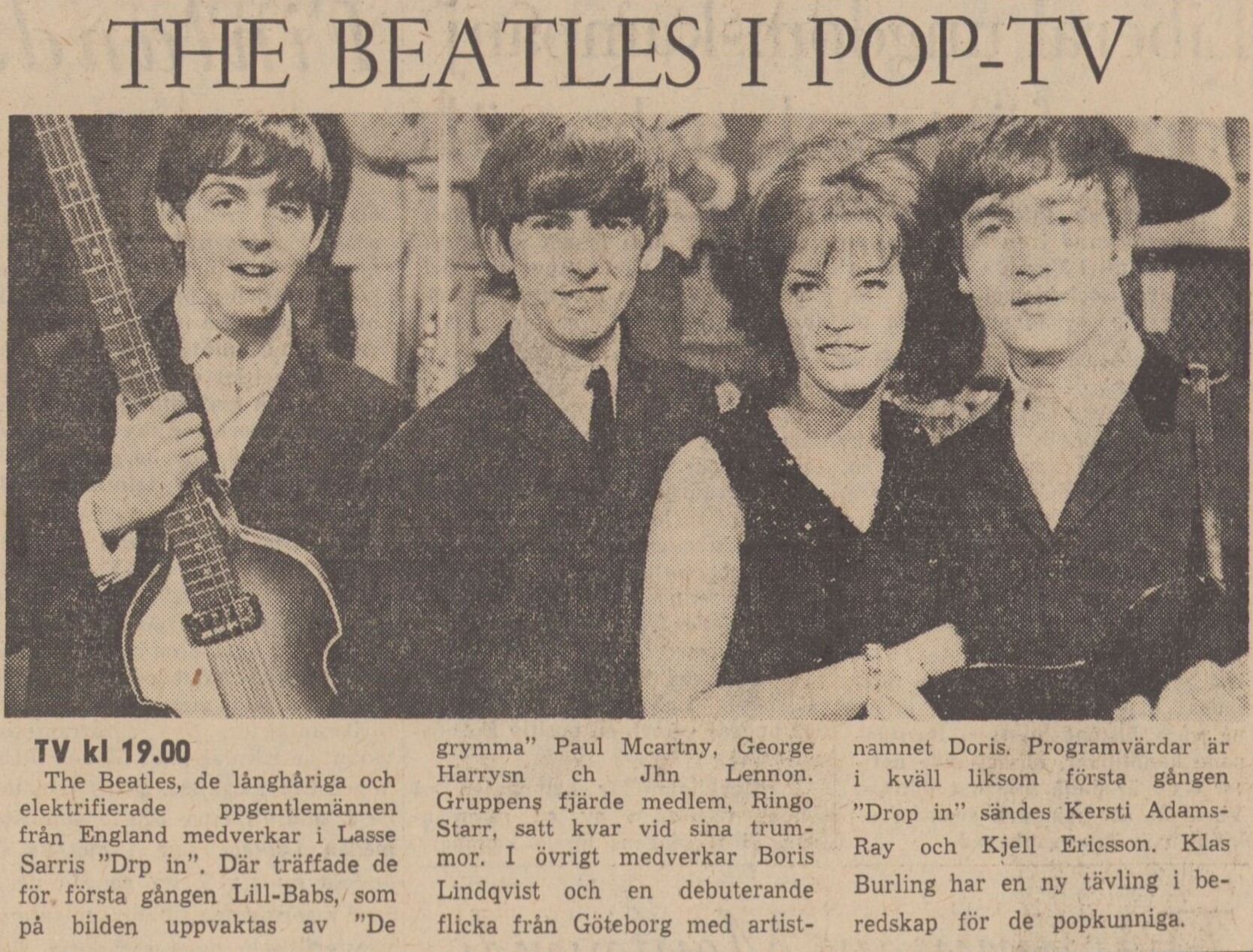 Gulnat tidningsklipp med bild på tre beatlar och Lill-Babs. Text: The Beatles i pop-tv.