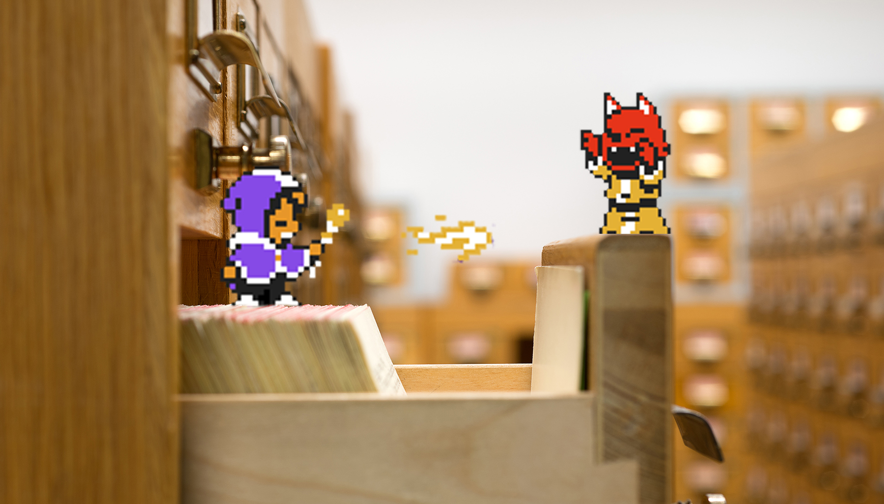 En datorspelsfigur med lila kappa skickar en eldboll mot ett rött monster. De står på arkivlådor.