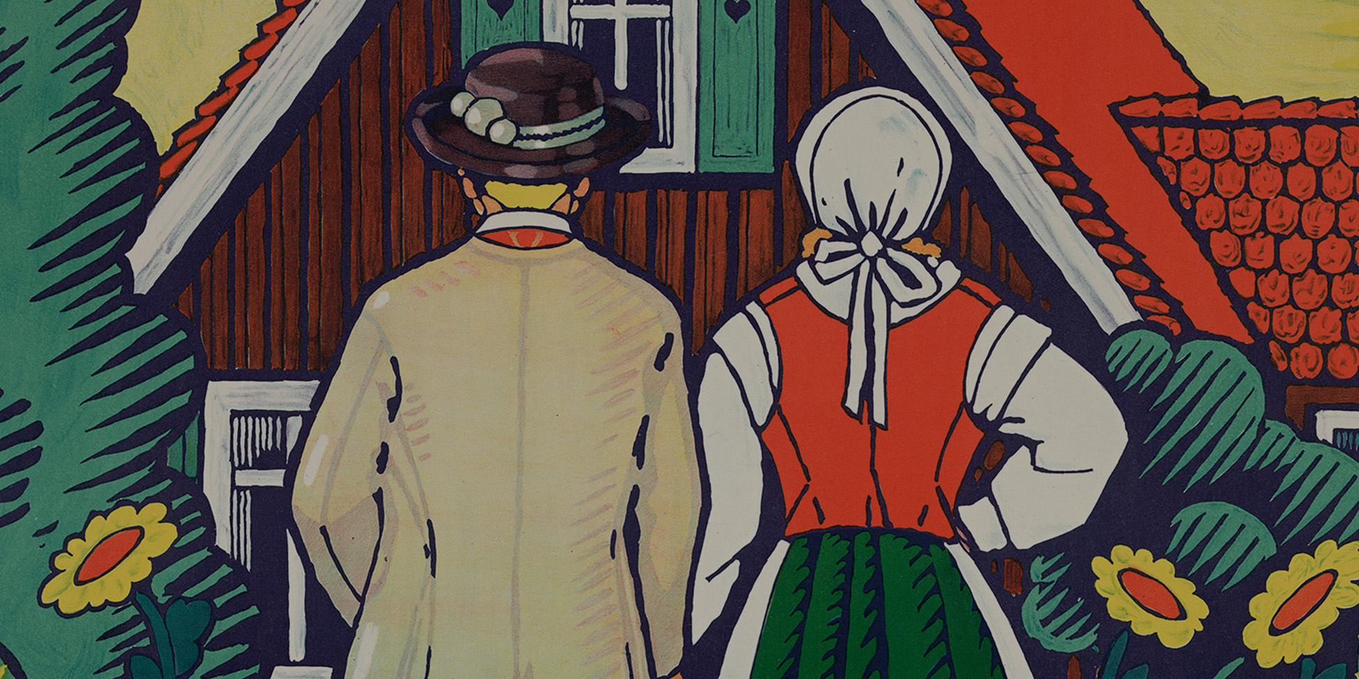 En färgglad illustration av en man och kvinna i folkdräkt framför ett hus.