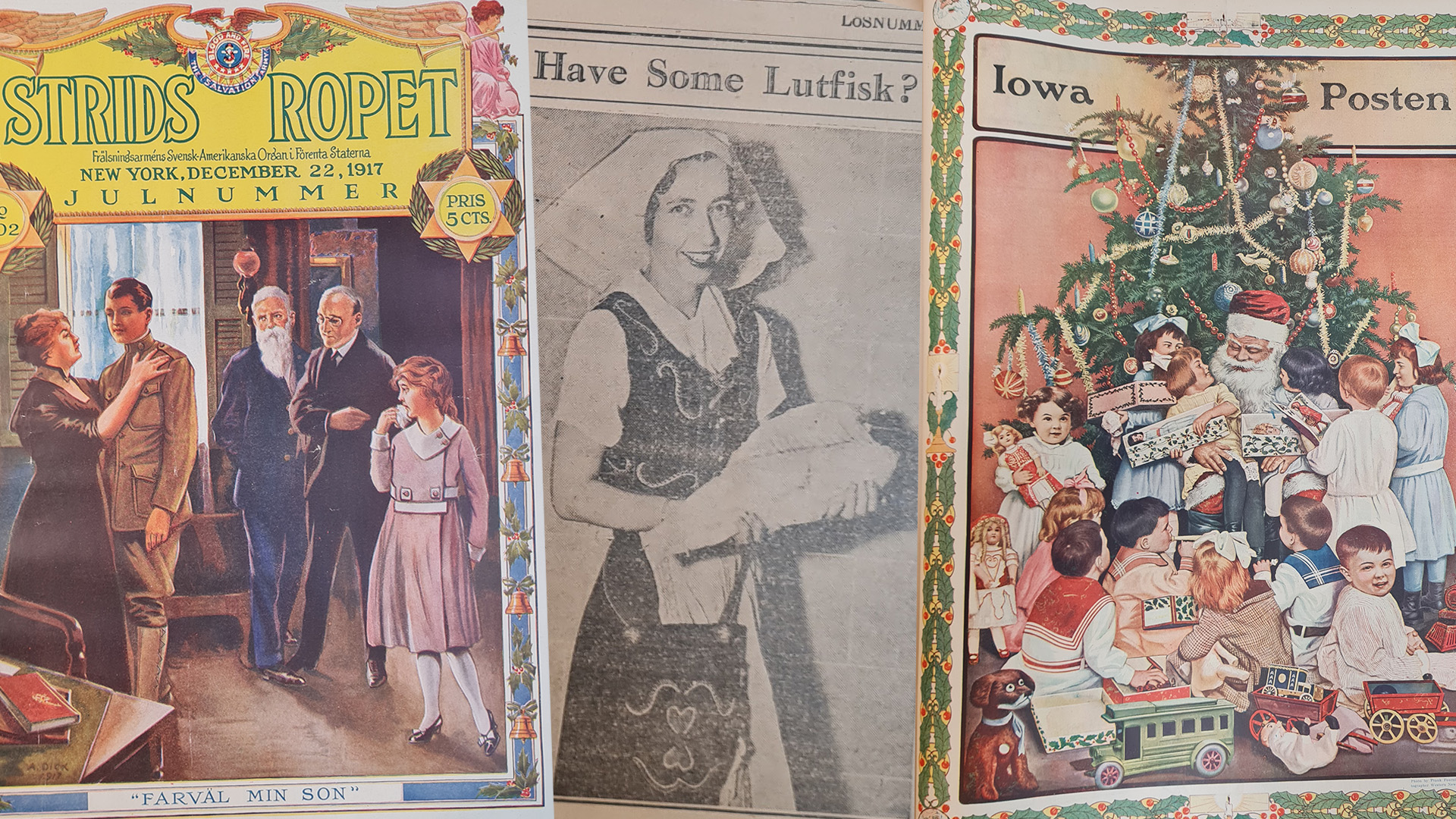 Tre bilder från tidningar: En med ett julfirande, en med en kvinna i folkdräkt som håller en lutfisk och en med en jultomte tillsammans med många barn.