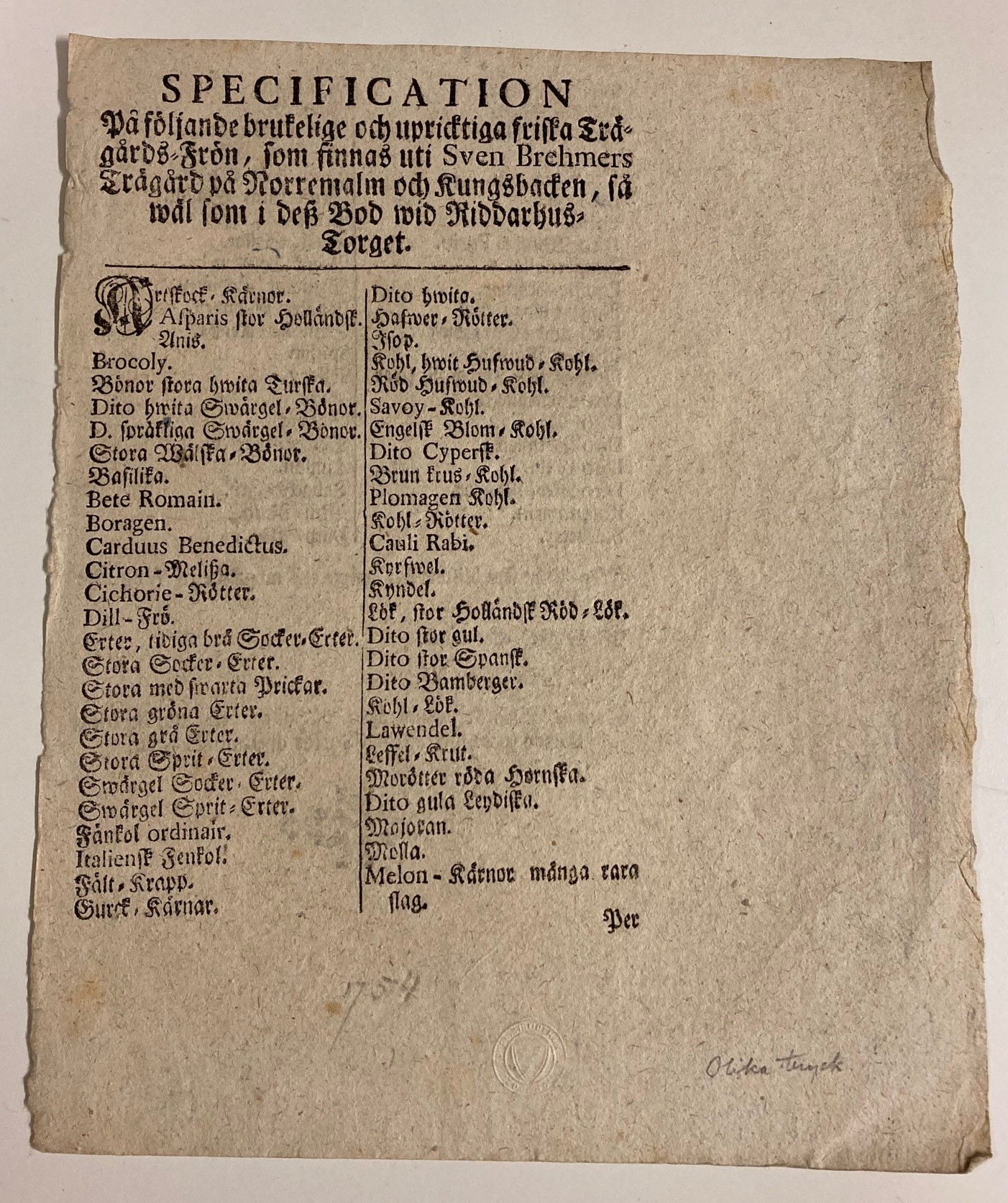 Affärstryck från 1754.