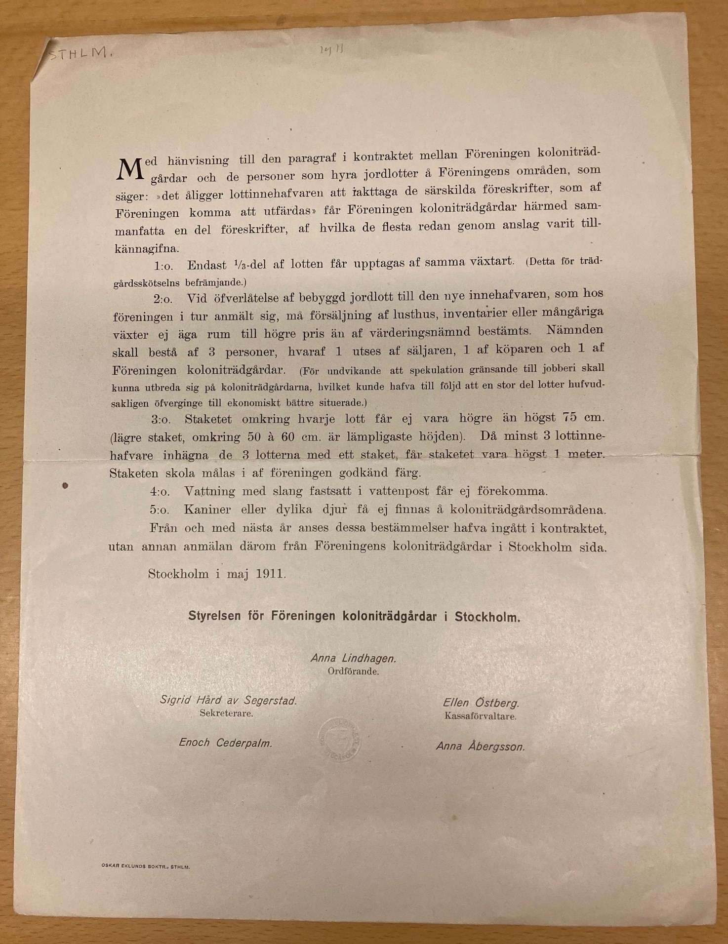 Brev till kolonilottsinnehavare från styrelsen för Föreningen Koloniträdgårdar i Stockholm 1911.