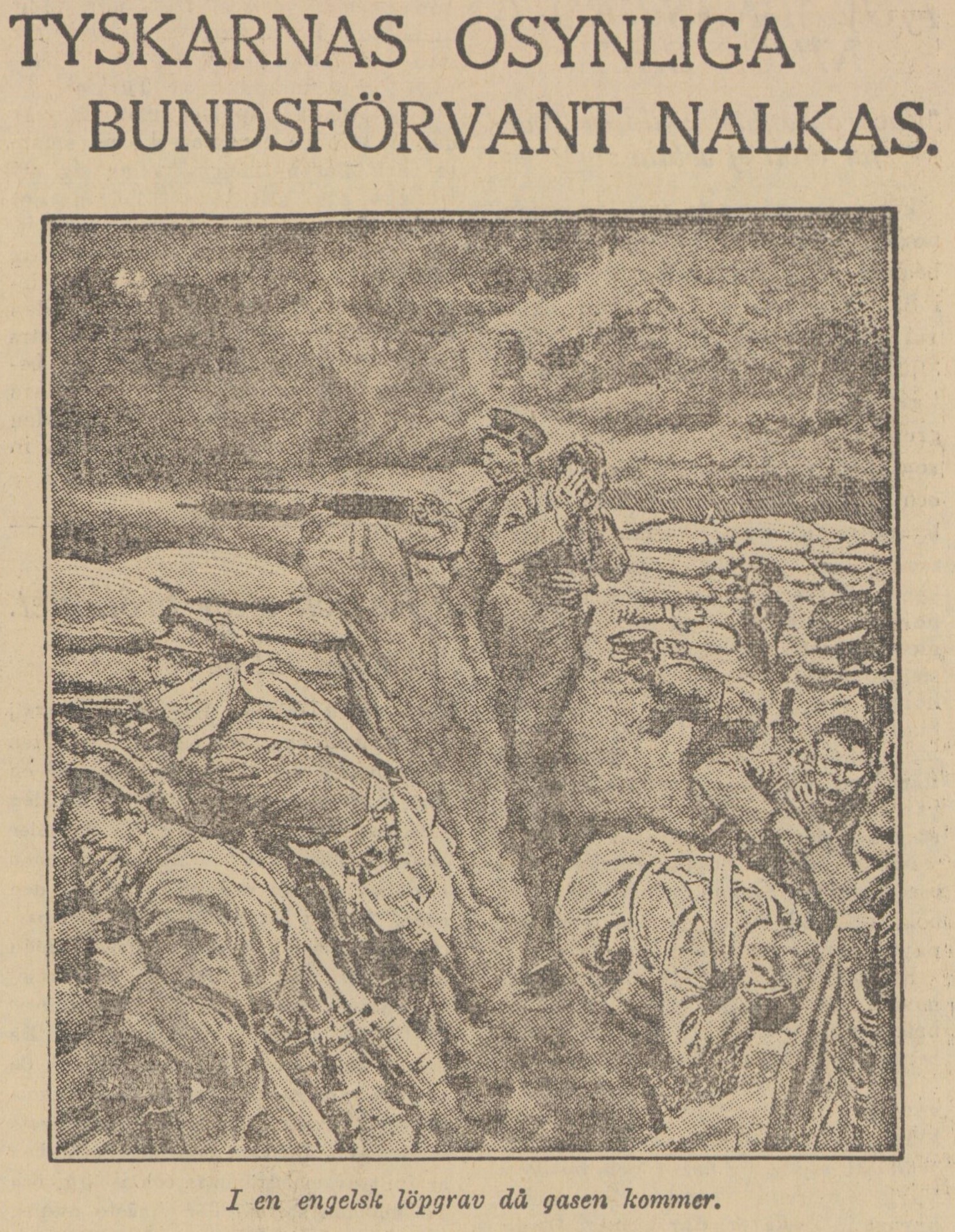 Illustration från Göteborgs Aftonblan 1915, där det står "Tyskarnas osynliga bundsförvant nalkas".