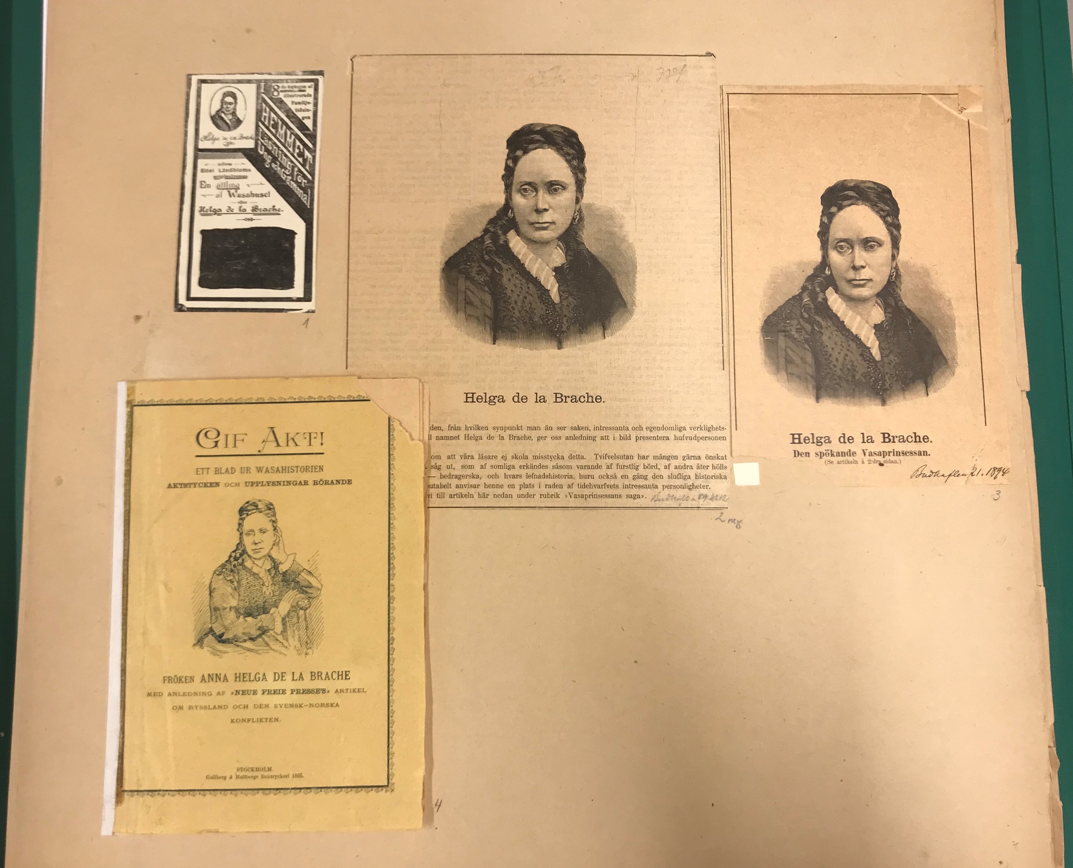 Brunt monteringsark med fyra versioner av samma porträtt av en ung kvinna uppsatt hår klippt ur olika skrifter.