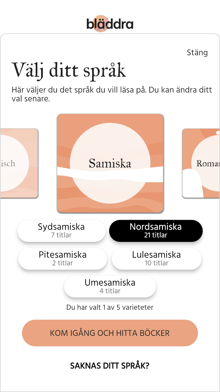 Texten "Samiska" på en orange platta i Bläddras språkväljare. Under den finns olika varieteter av språket.