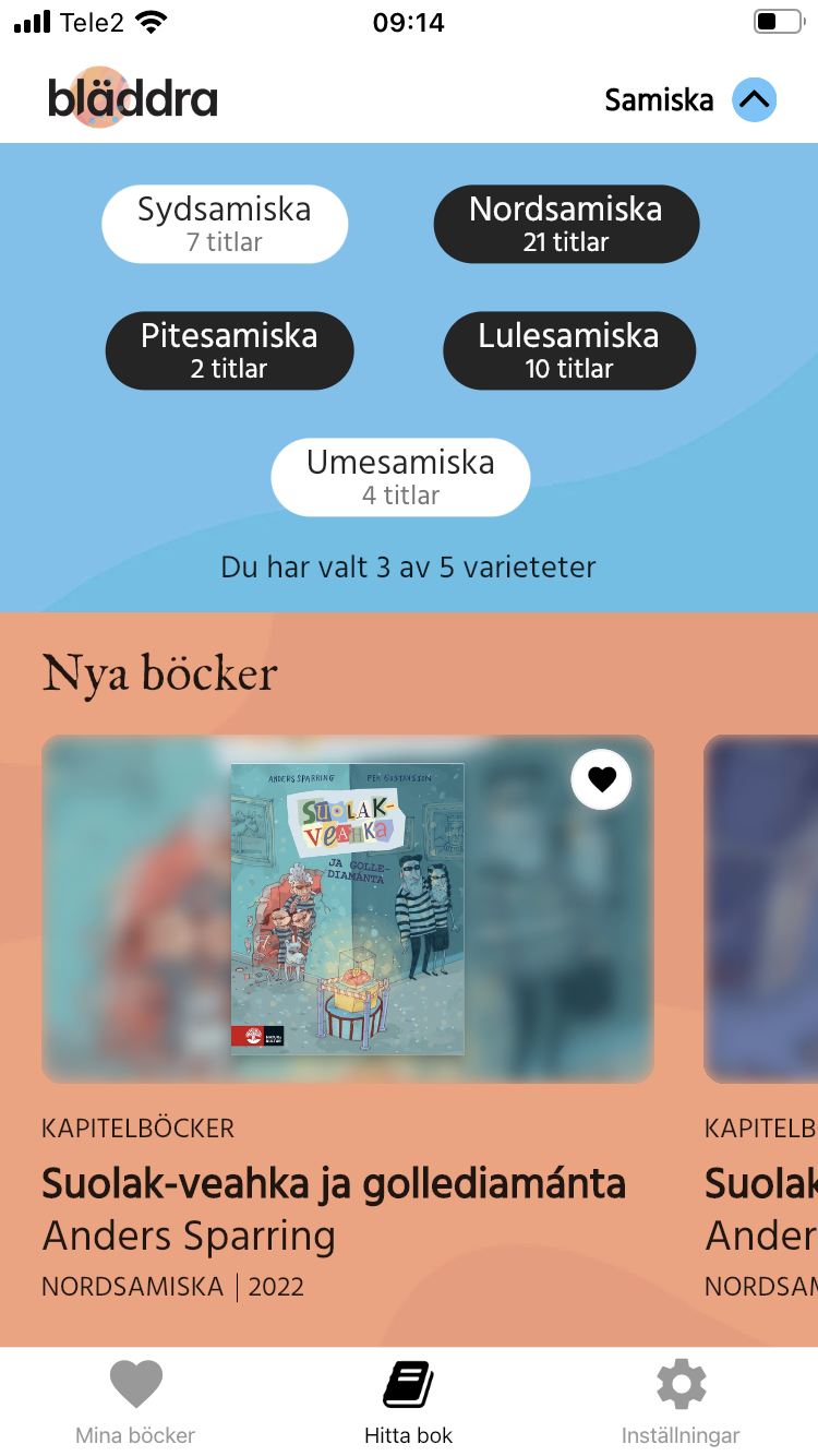 En vy i appen Bläddra som visar varieteter av samiska och längst upp till höger en blå pil intill texten "Samiska".