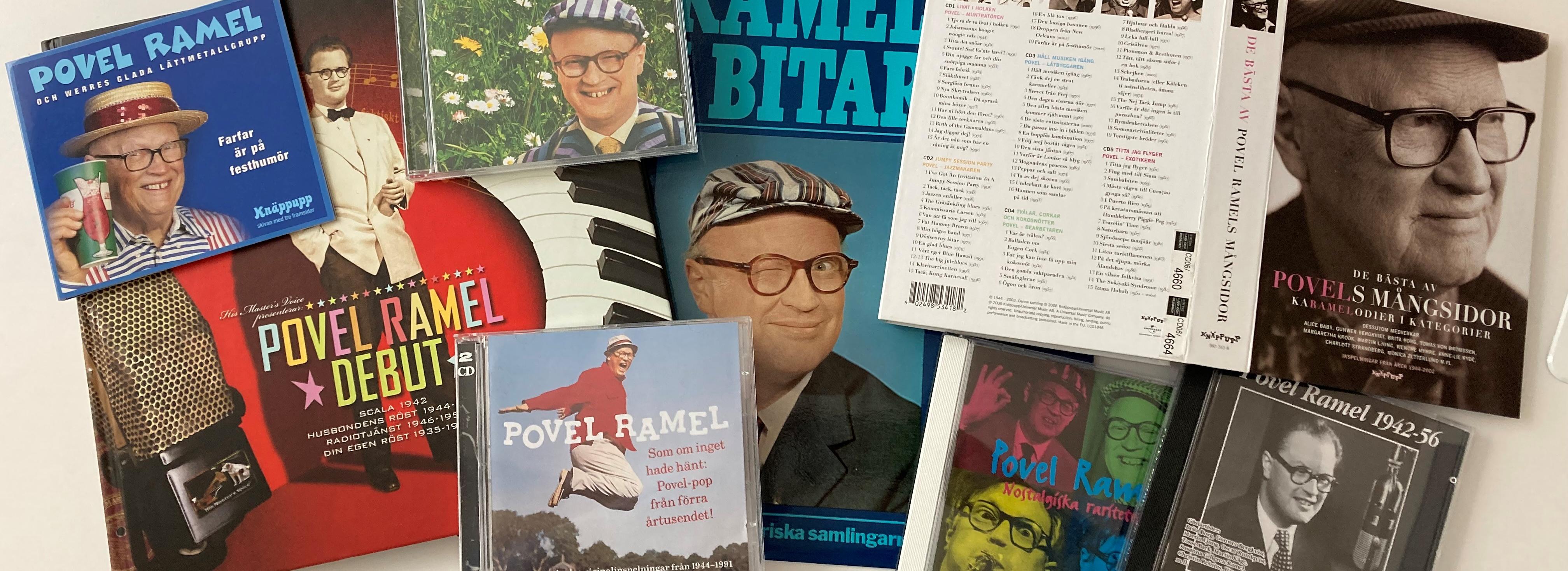 Kollage med många skivomslag med bilder av Povel Ramel i olika åldrar. 