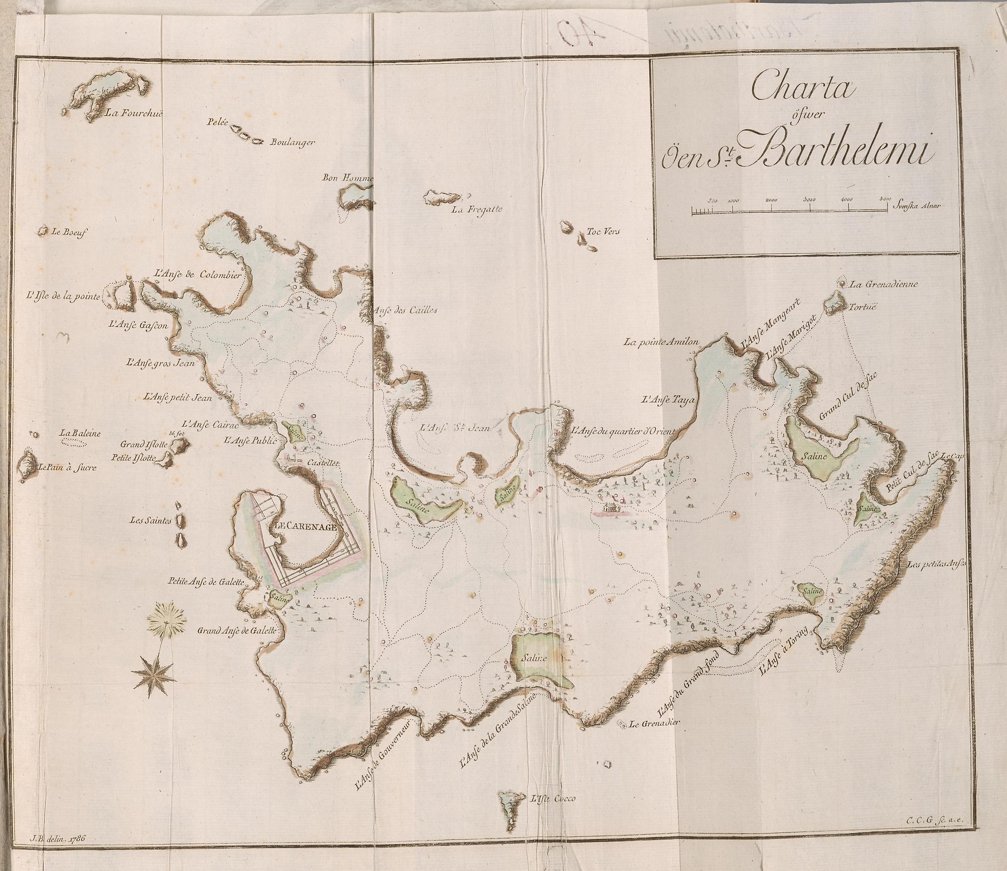 Tryckt och handkolorerad karta över ön Sankt-Barthélemy