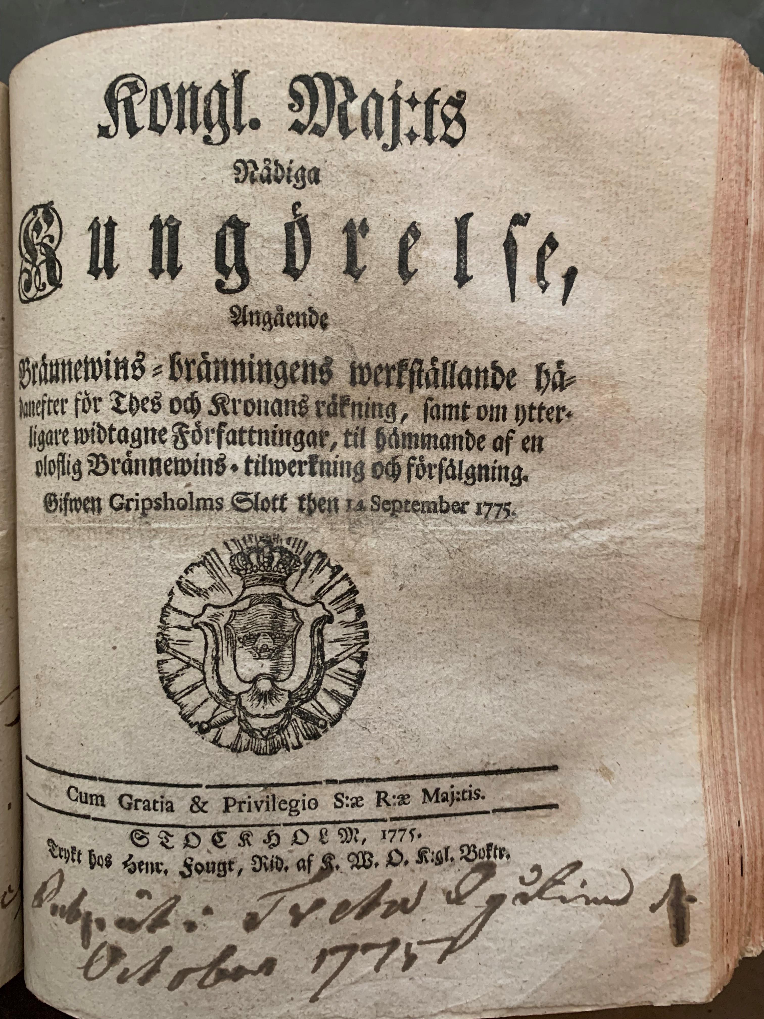 Titelsidan till kunglig förordning från 1775 angående statliga brännerier.