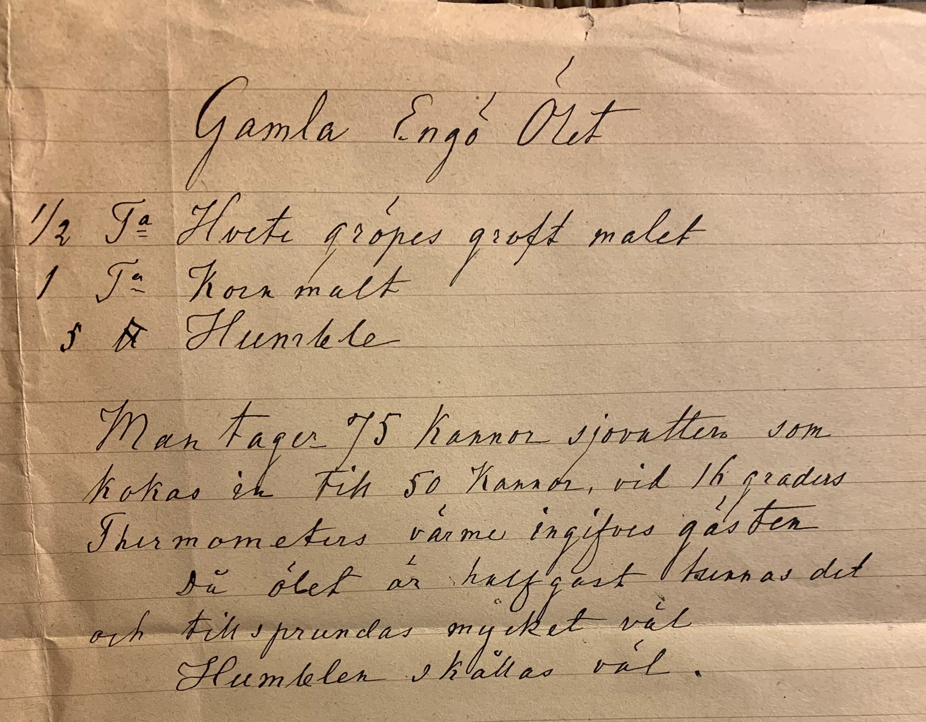 Handskriven lapp med ölrecept från omkring år 1900.