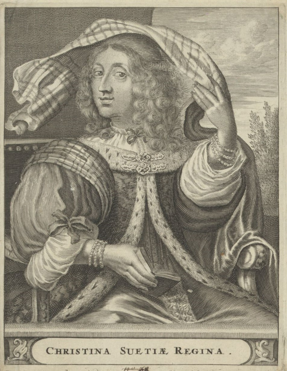 Porträtt av drottning Kristina, med en bok i ena handen. Med den andra handen håller hon ett rutigt tygstycke ovanför huvudet.