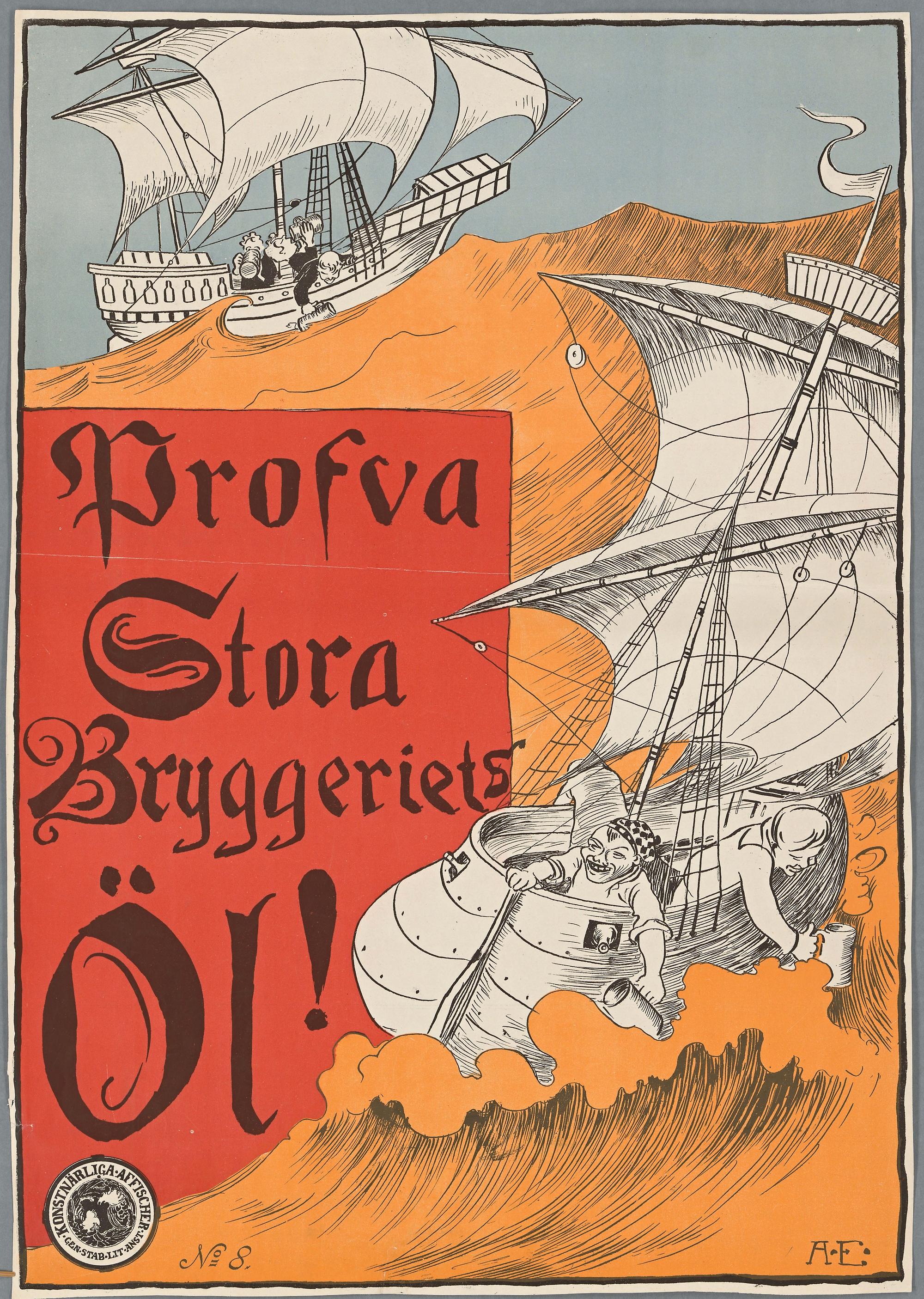 Affisch för Stora Bryggeriets Öl som föreställer två skepp som seglar på ett oroligt gult hav som skall föreställa öl. Besättningarna på båtarna fyller sina sejdlar från relingen