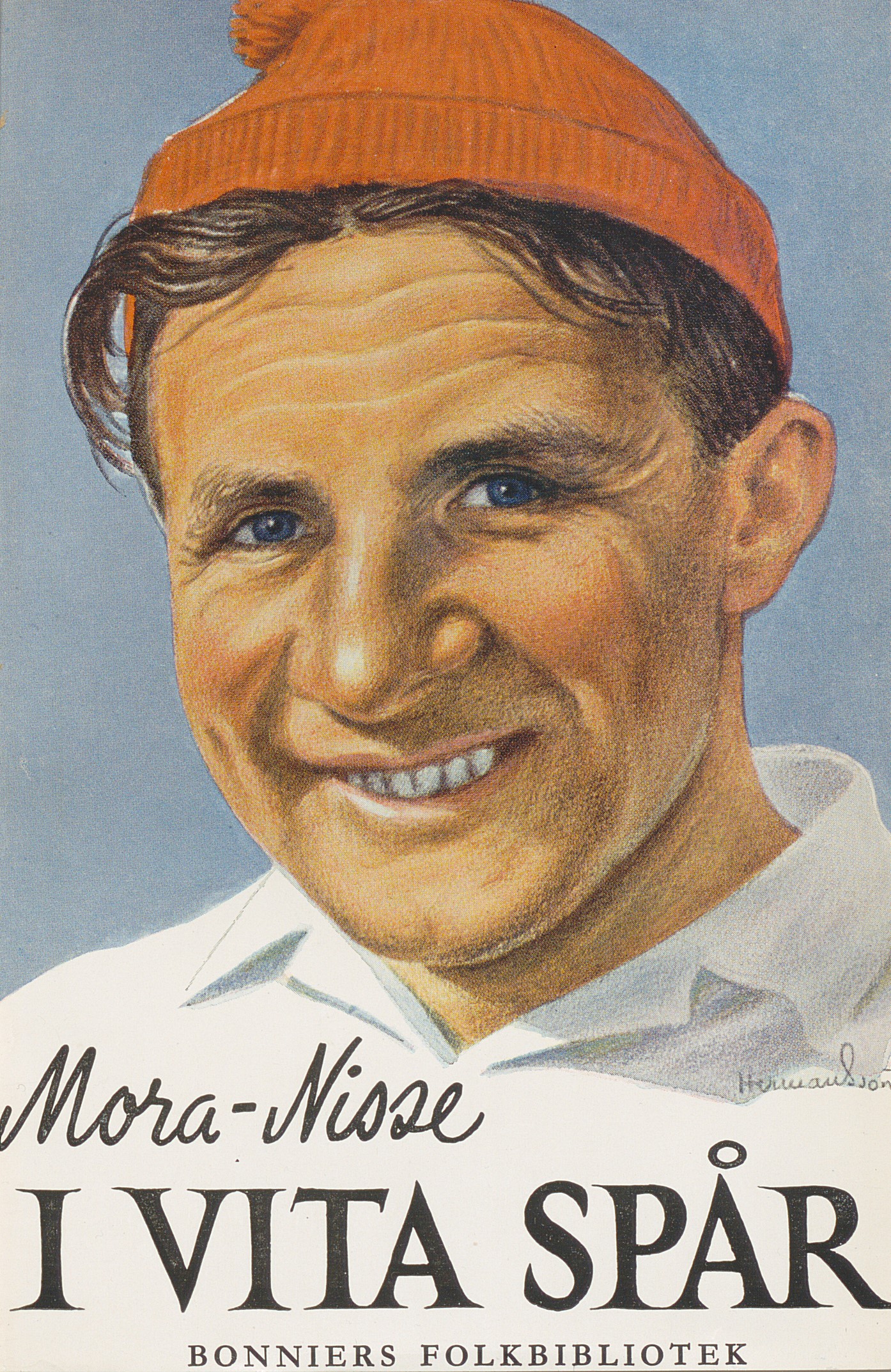 Bokomslag till självbiografin "I vita spår", en leende Mora-Nisse ses i röd mössa och vit tröja.