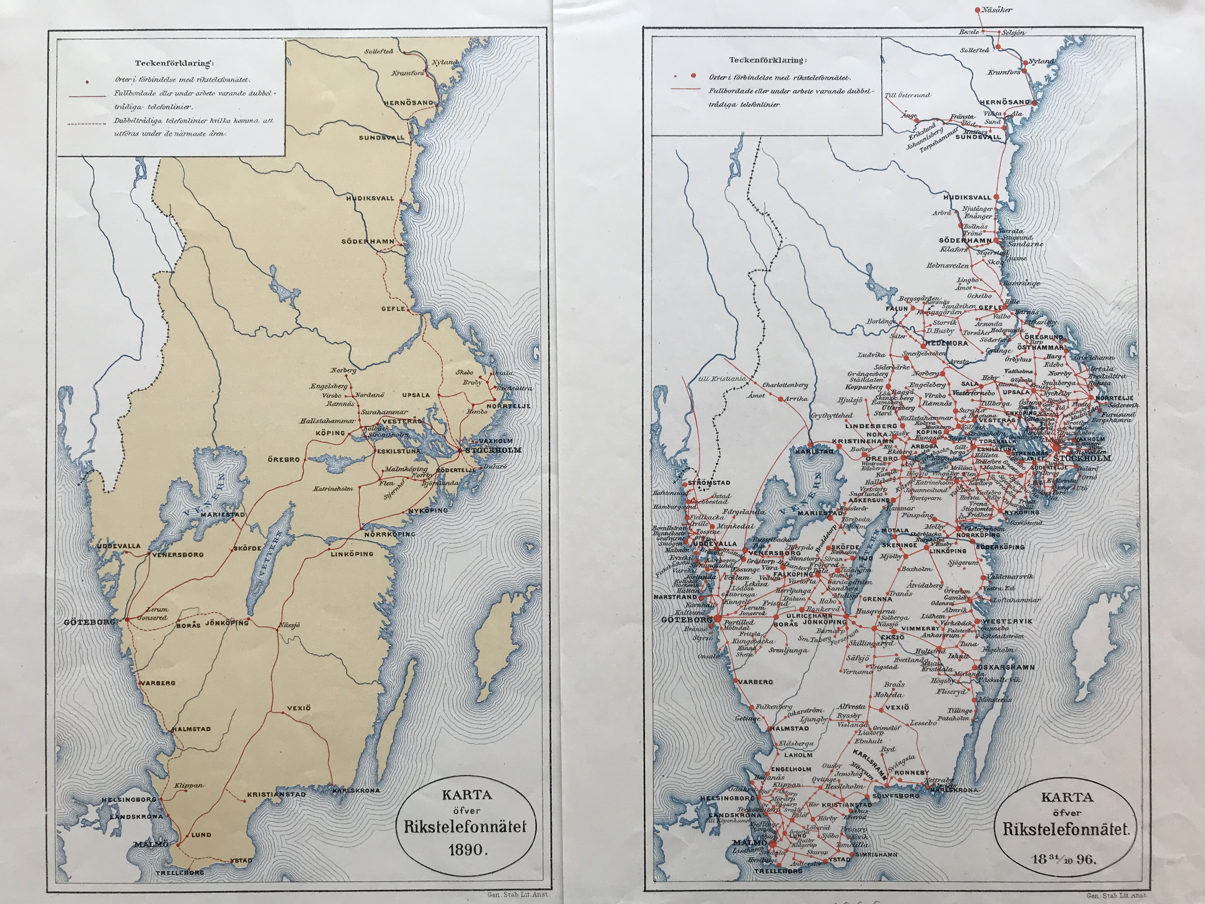 Två kartor över södra Sverige. Röda linjer visar telefonledningarnas dragning.